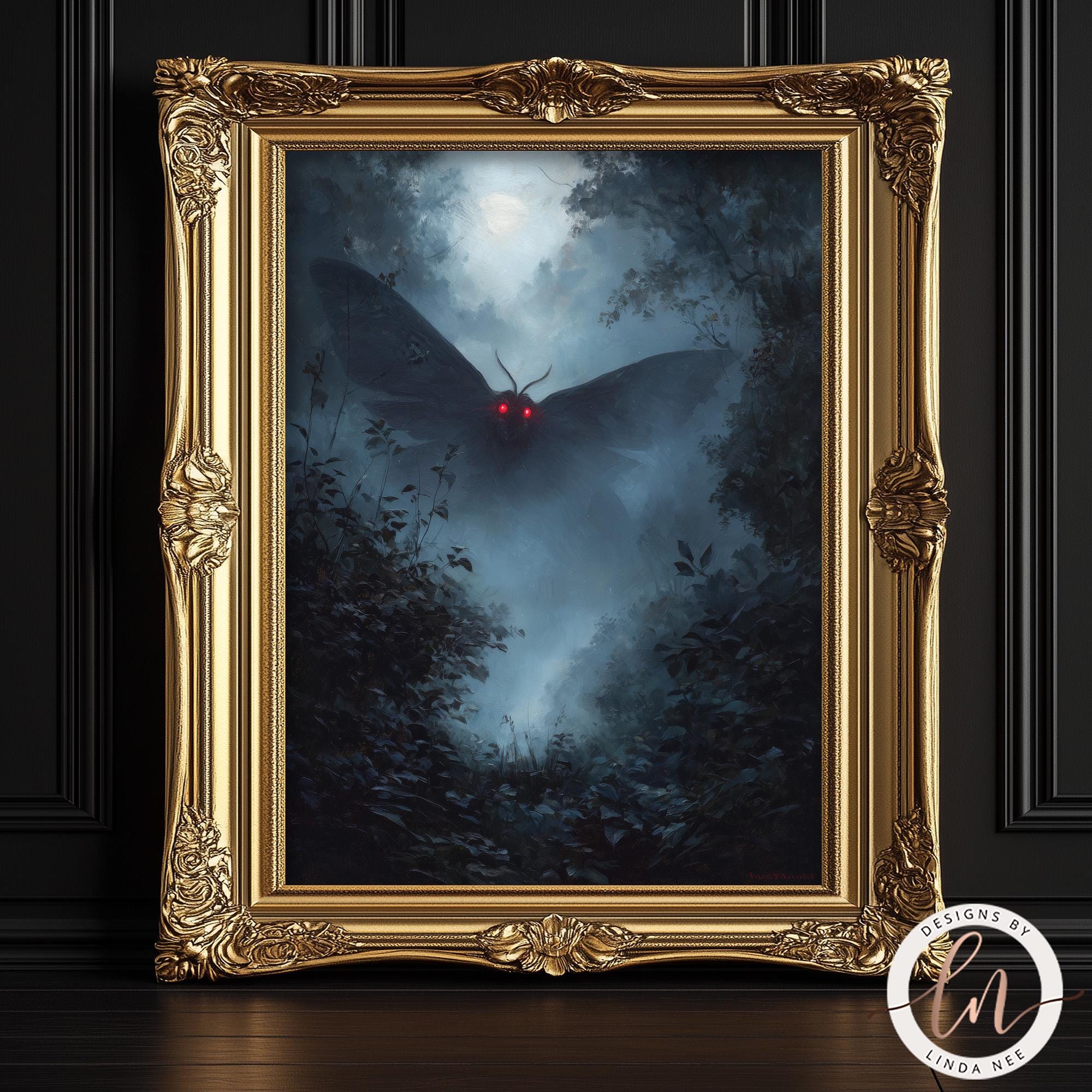 a dark, mysterious scene with a large, winged creature with glowing red eyes, possibly a moth or a dragon, hovering in the misty, forest-like environment.