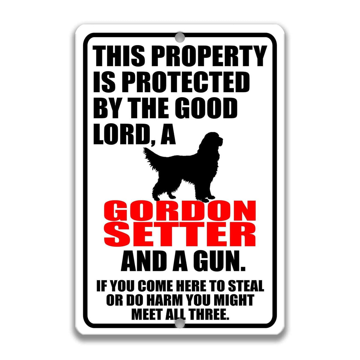 a sign with a black silhouette of a dog and text in red and black colors.