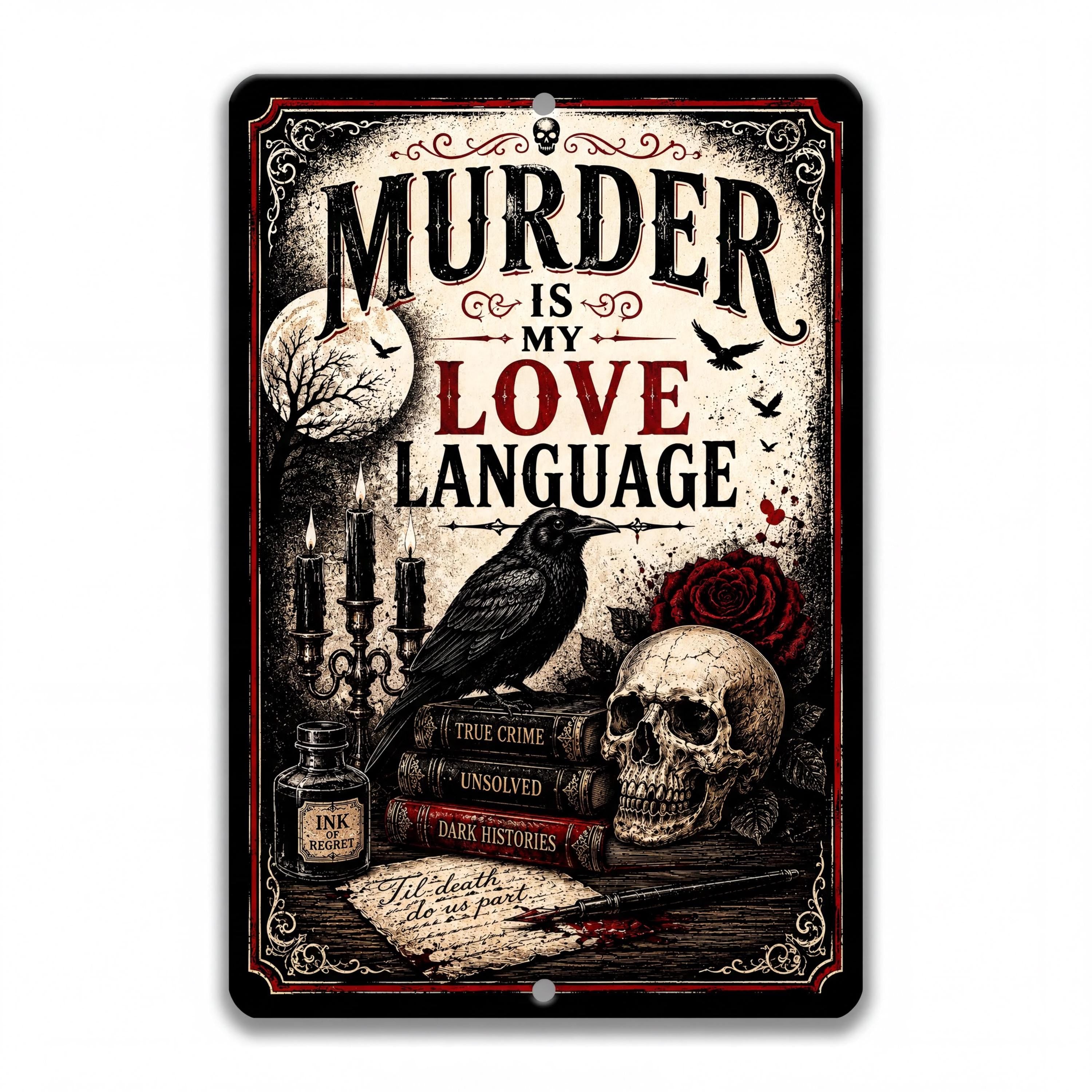 Vertical gothic metal sign reading “Murder Is My Love Language,” featuring a black raven, weathered skull, red roses, antique true-crime books, dripping candles, moonlit tree, ink bottle, and ornate distressed black and burgundy border.