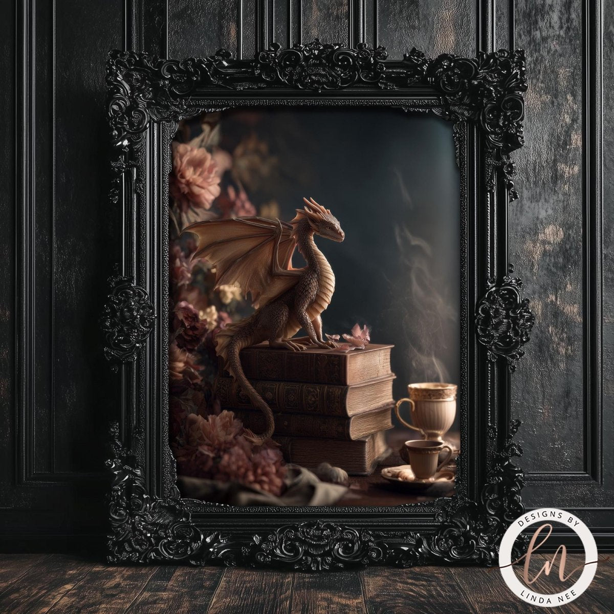 A framed image depicting a dragon perched on a stack of books, surrounded by flowers and a cup of tea.