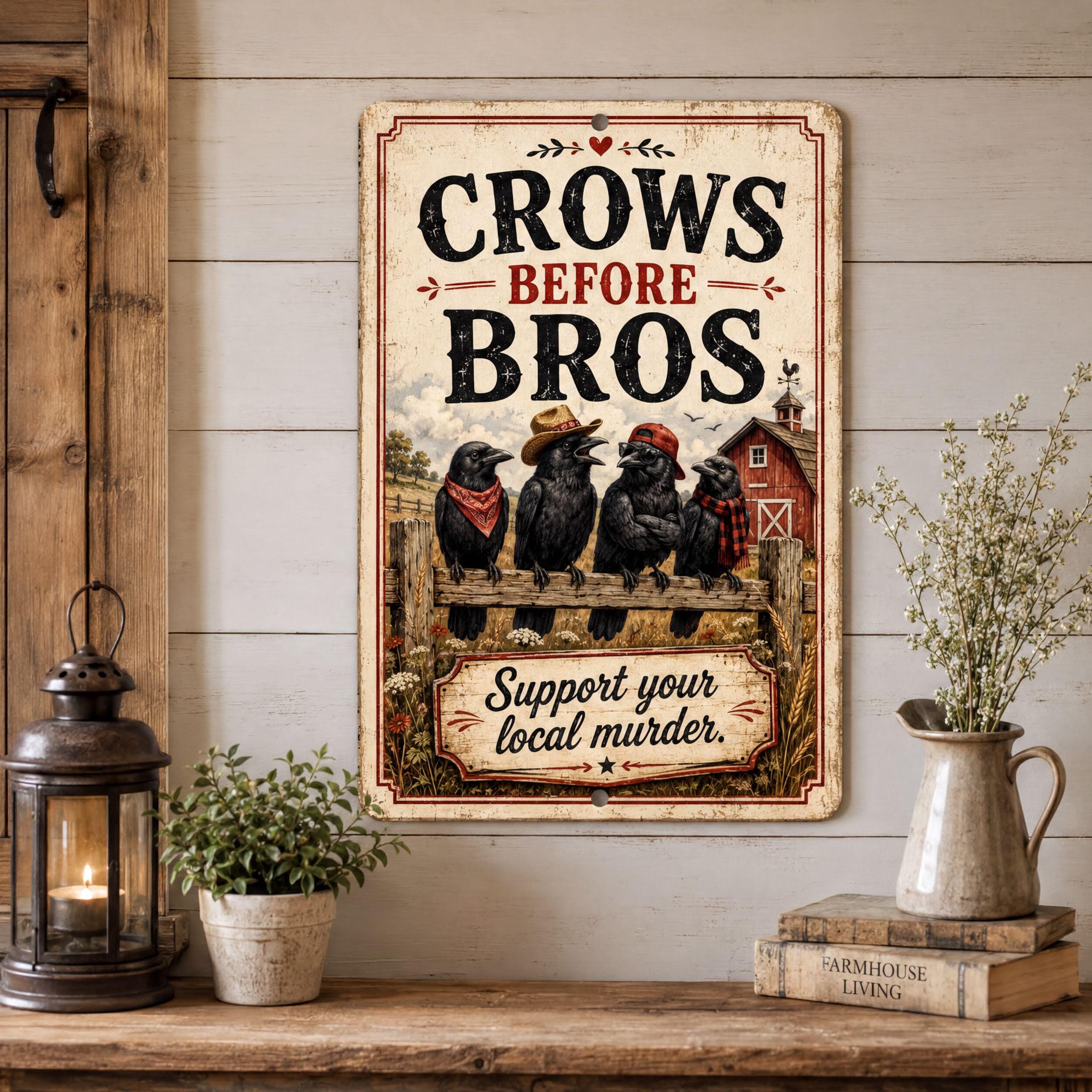 a vintage-style metal sign with the text "Crows before Bros" and an illustration of four black crows sitting on a wooden fence. The sign is displayed on a wall above a wooden shelf with a potted plant and a vase.
