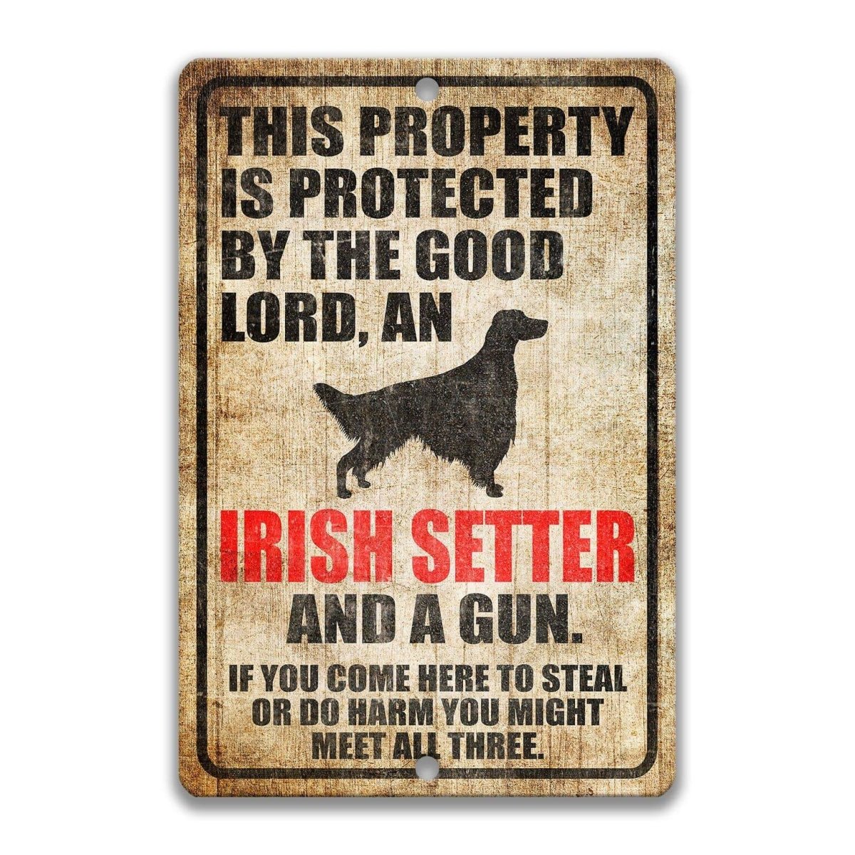 The image is a sign with a warning message about the property being protected by the good Lord, an Irish Setter, and a gun.