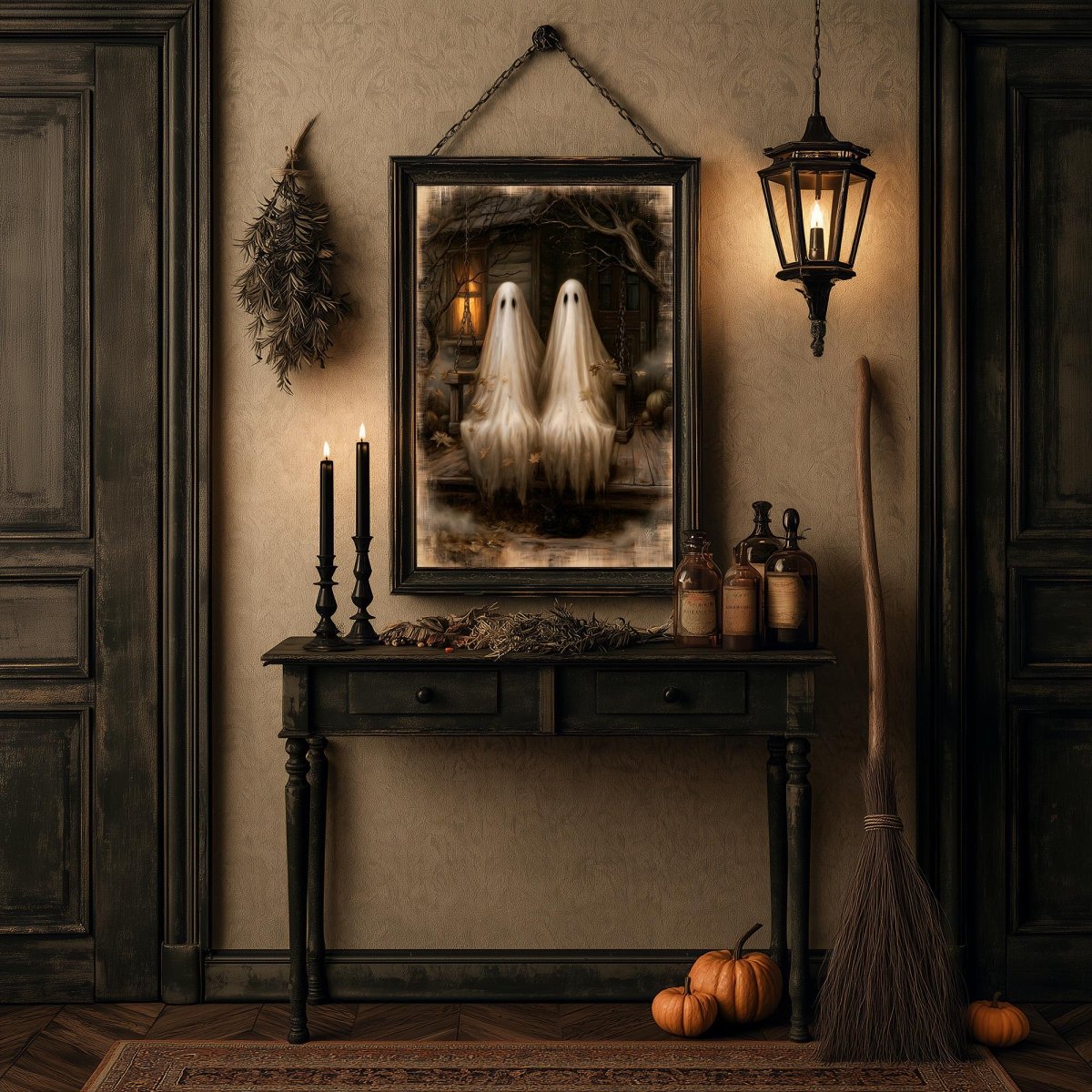 Ghost couple art print in a Halloween room with candles, a broom, and pumpkins