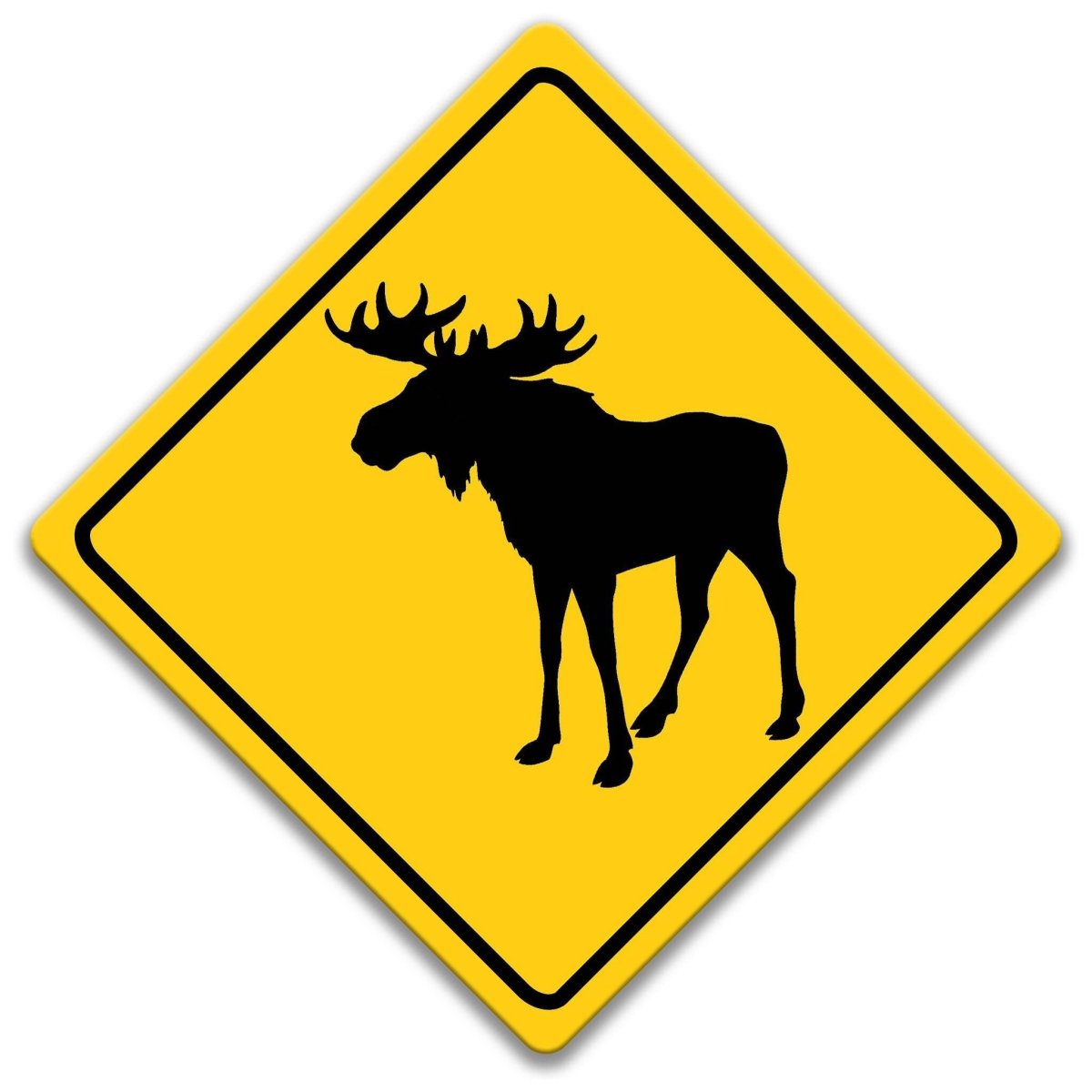 A yellow diamond-shaped road sign with a black silhouette of a moose in the center.