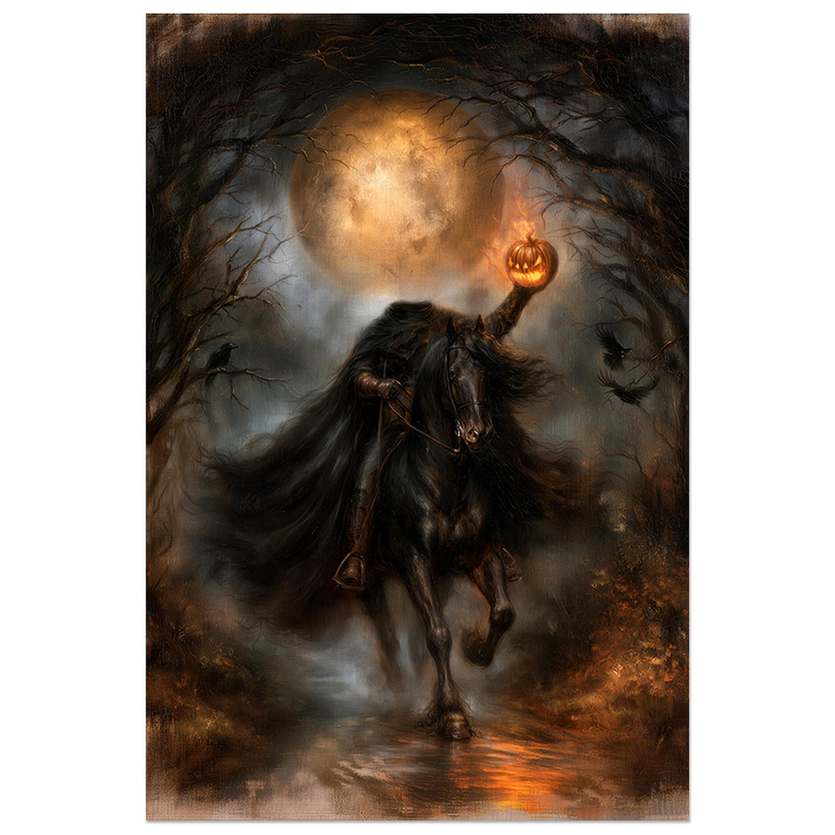 Cloaked rider on a black horse raising a glowing jack-o-lantern under a full moon