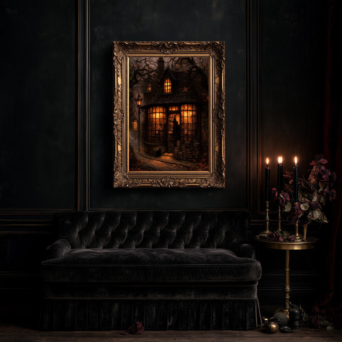 Large bookshop artwork above a black tufted sofa and a small table of candles