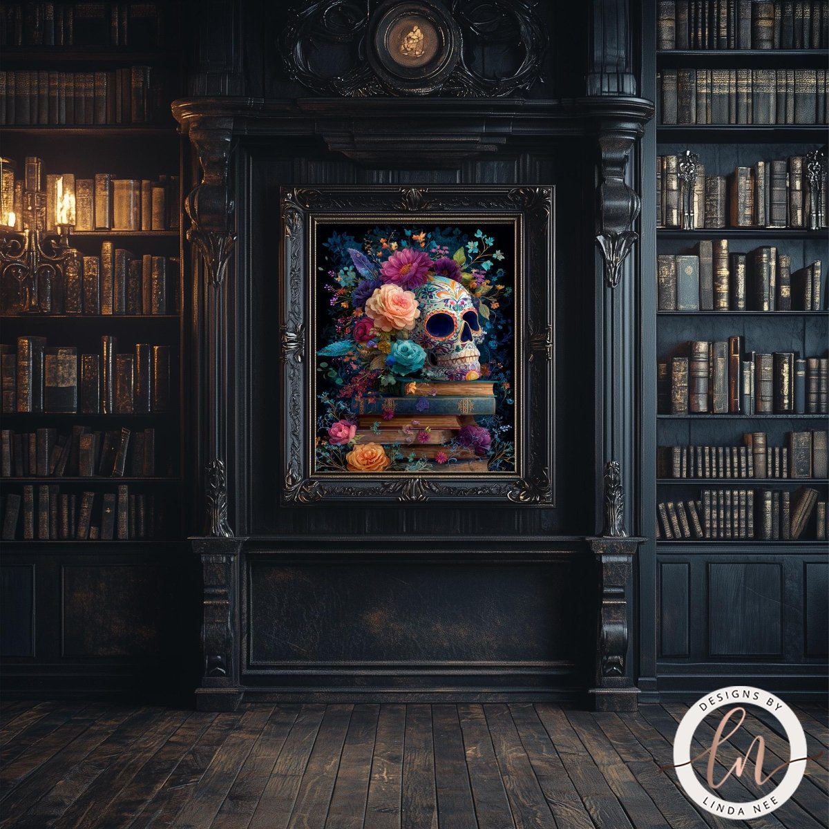 a dark, ornate room with a large bookshelf filled with books. The focal point of the room is a framed painting of a skull surrounded by colorful flowers and books.