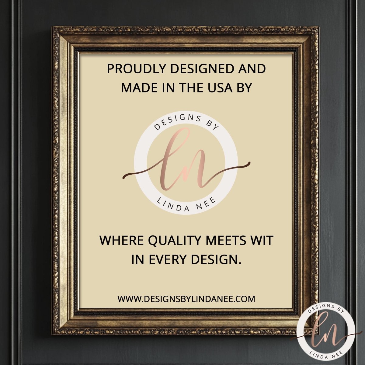 Framed sign with text and logo on a beige background