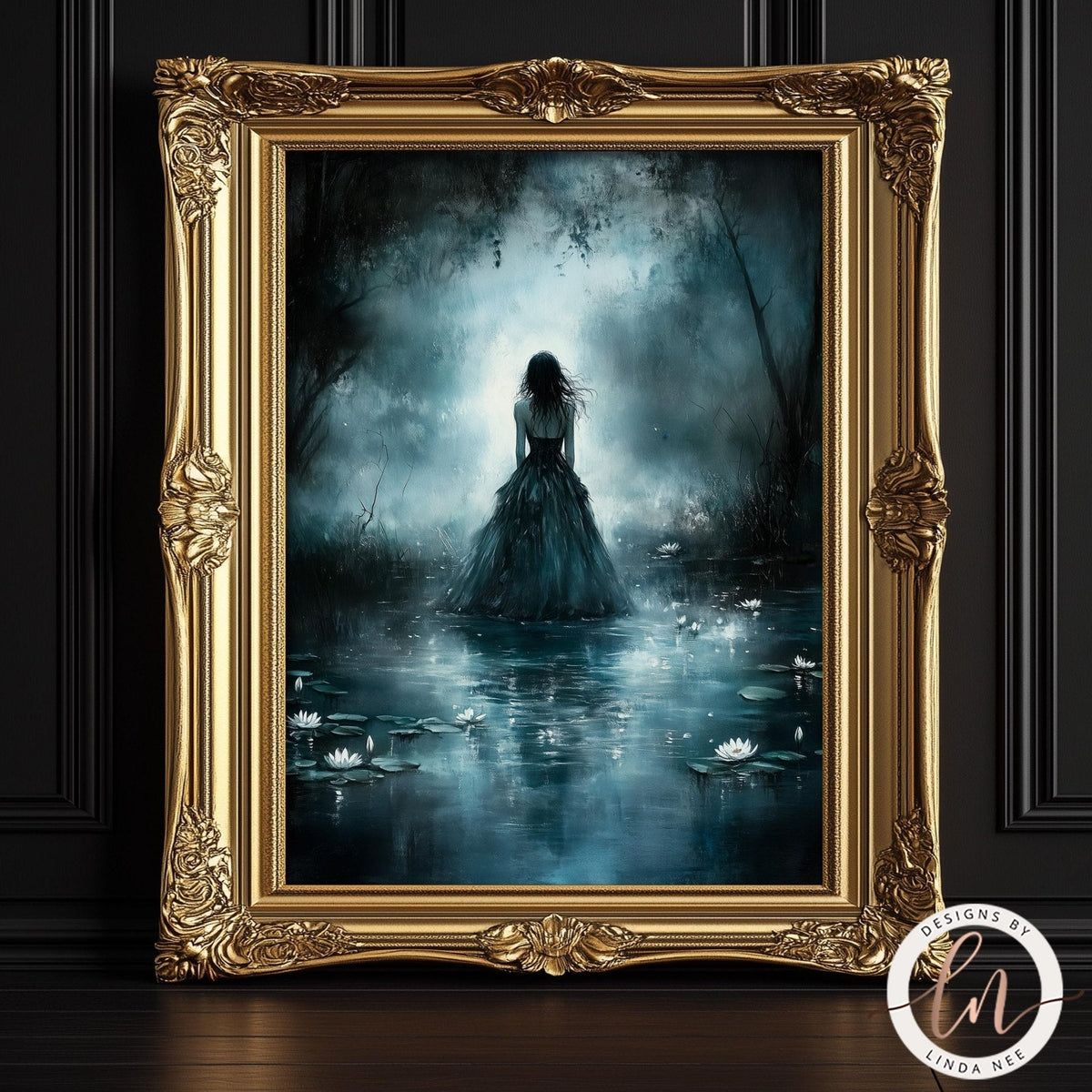 The image is a framed painting depicting a woman in a flowing dress standing in a misty, forested landscape with water lilies.