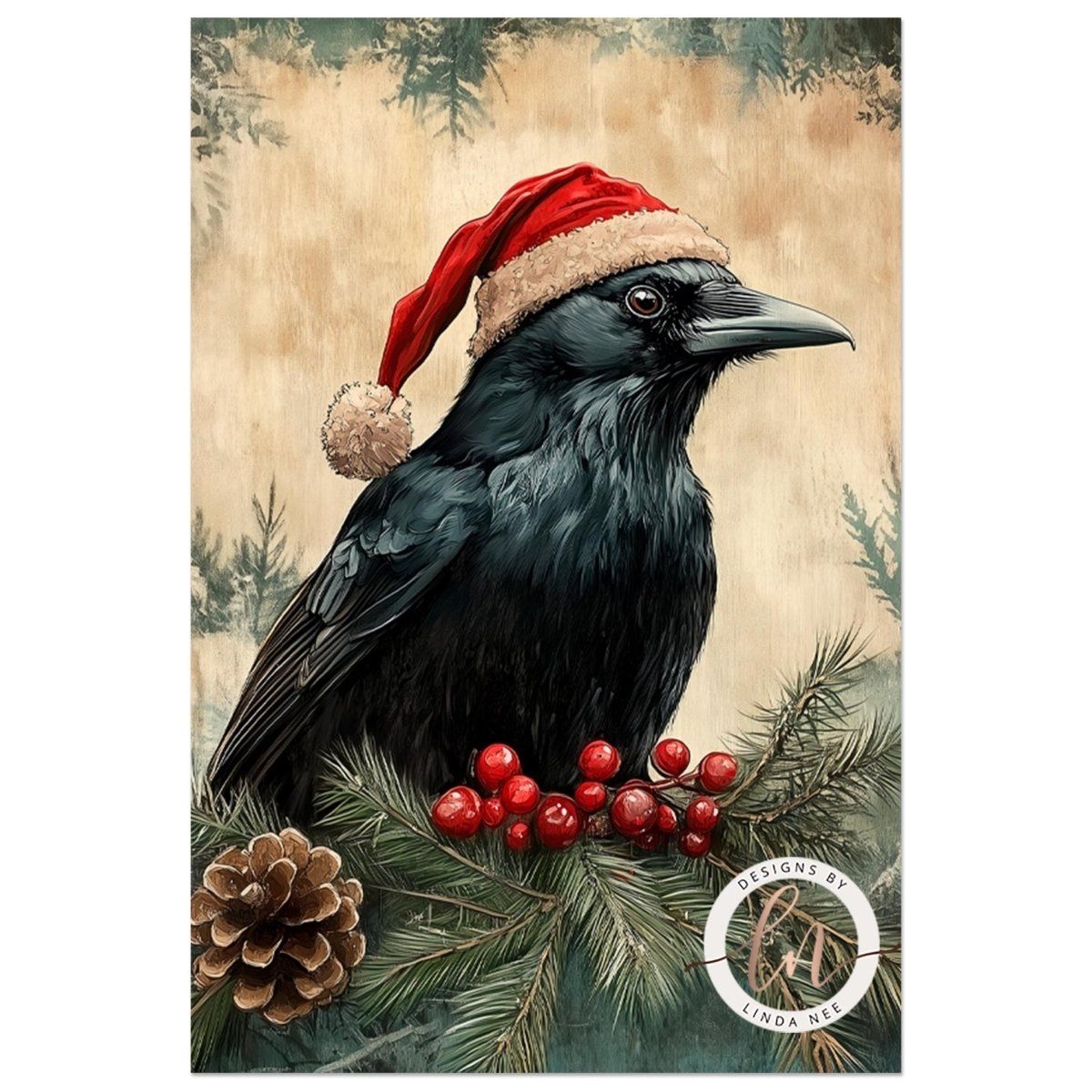 Black raven wearing a red Santa hat perched on a pine branch with red berries