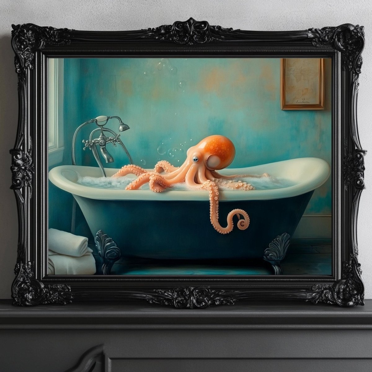Whimsical octopus bathtub artwork with white towels and curtain