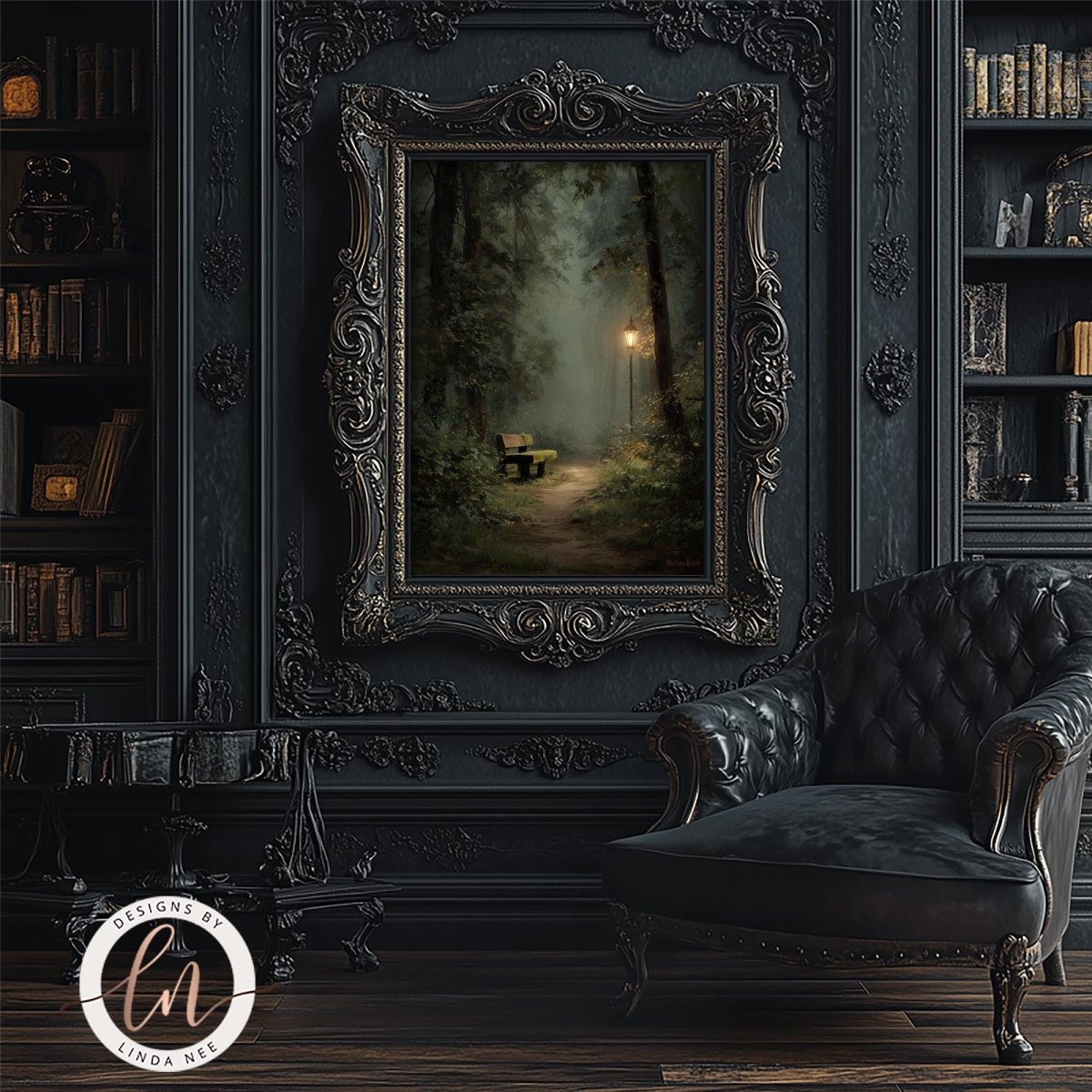 a serene and elegant living room with a large, ornate picture frame hanging on the wall, depicting a tranquil forest path leading to a bench. The room is furnished with a black leather armchair and a wooden side table, creating a cozy and sophisticated atmosphere.