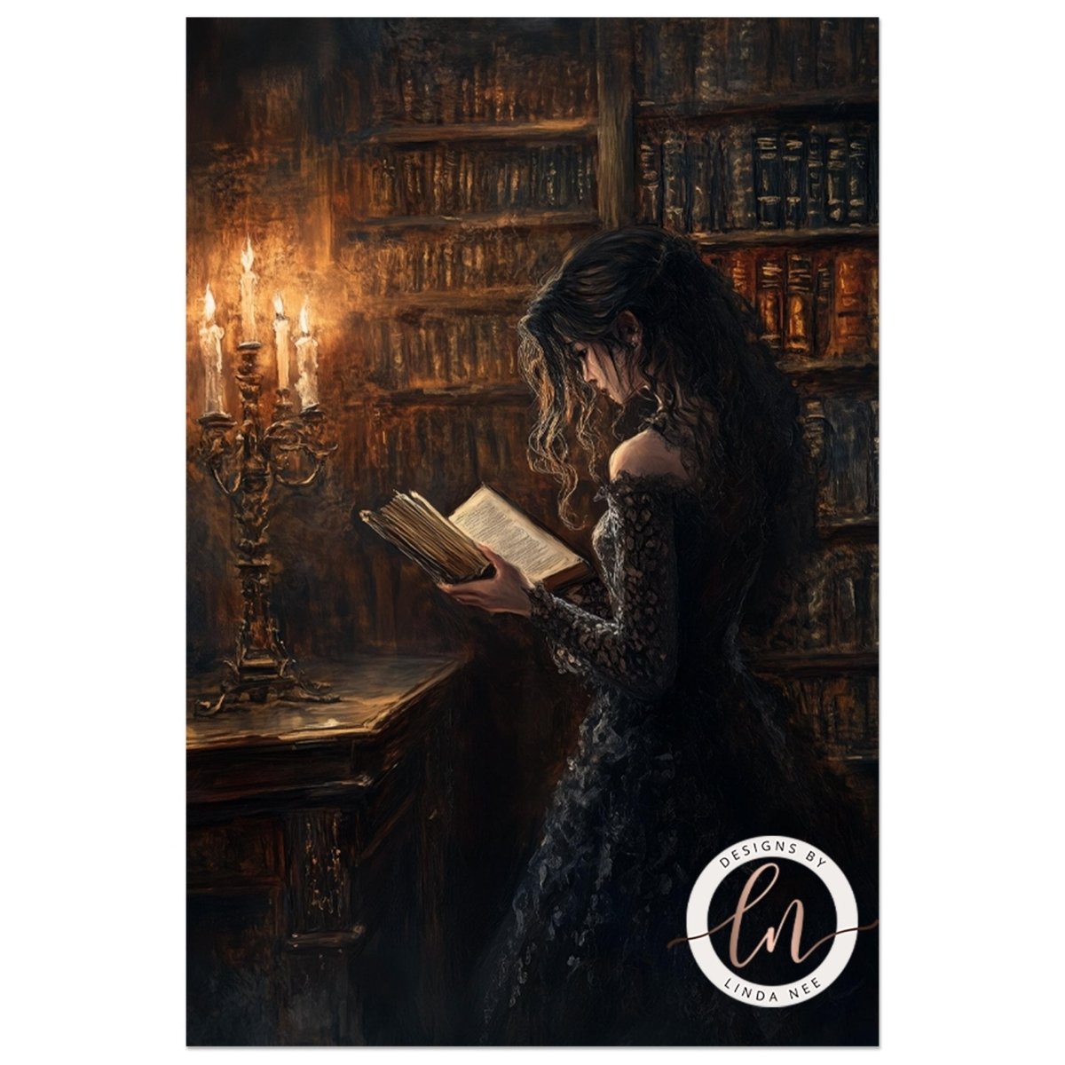 Woman in an off-shoulder dark gown reading by candlelight