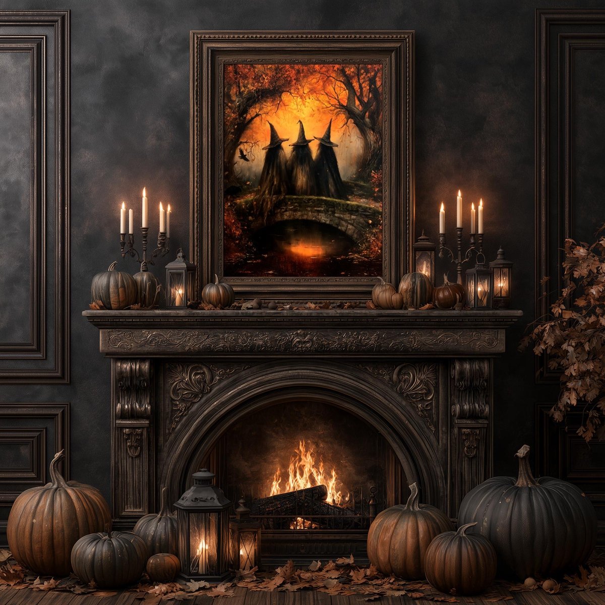 Autumn witches art print on a festive Halloween fireplace with pumpkins