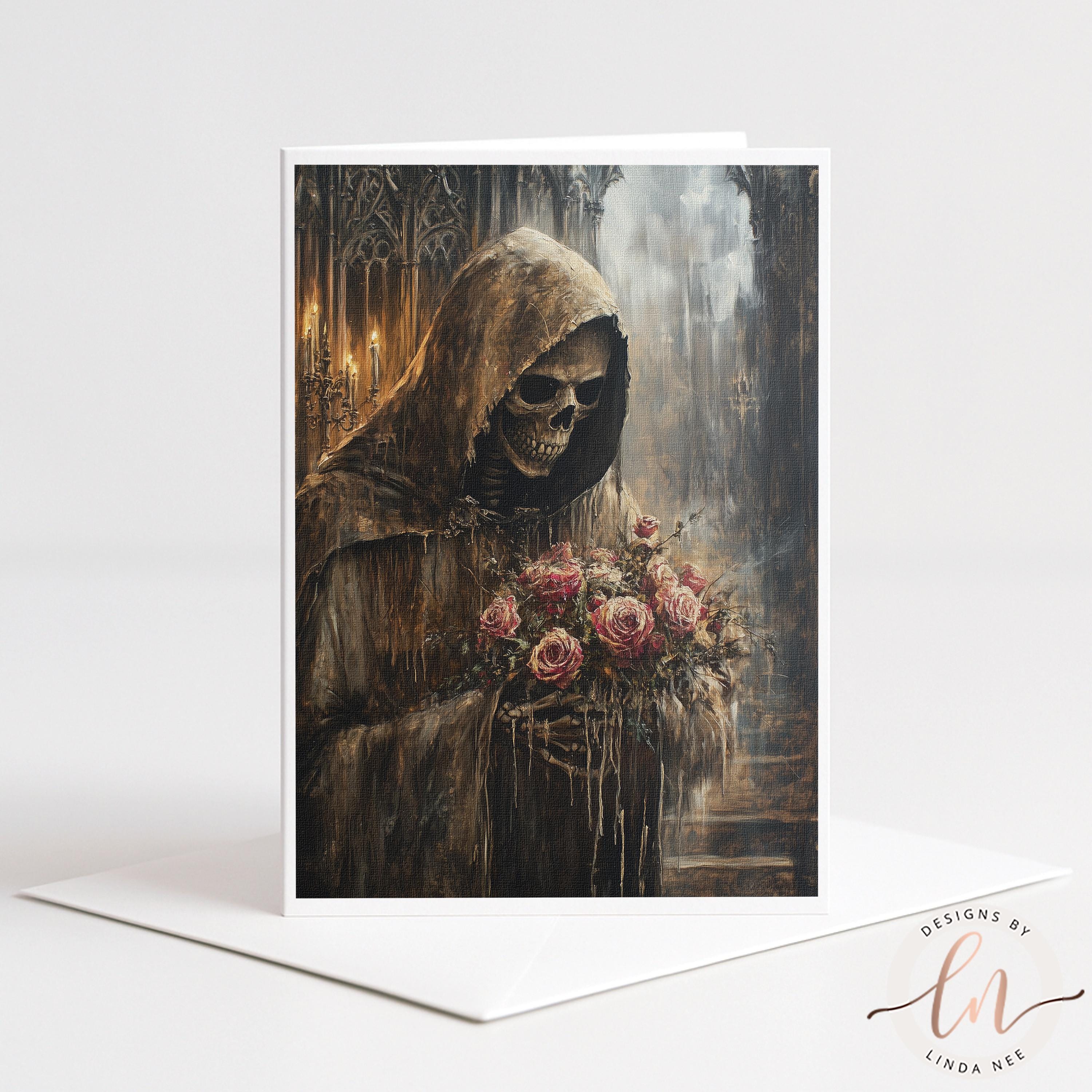 A painting of a skeleton holding a bouquet of flowers, set against a dark, Gothic-style background.