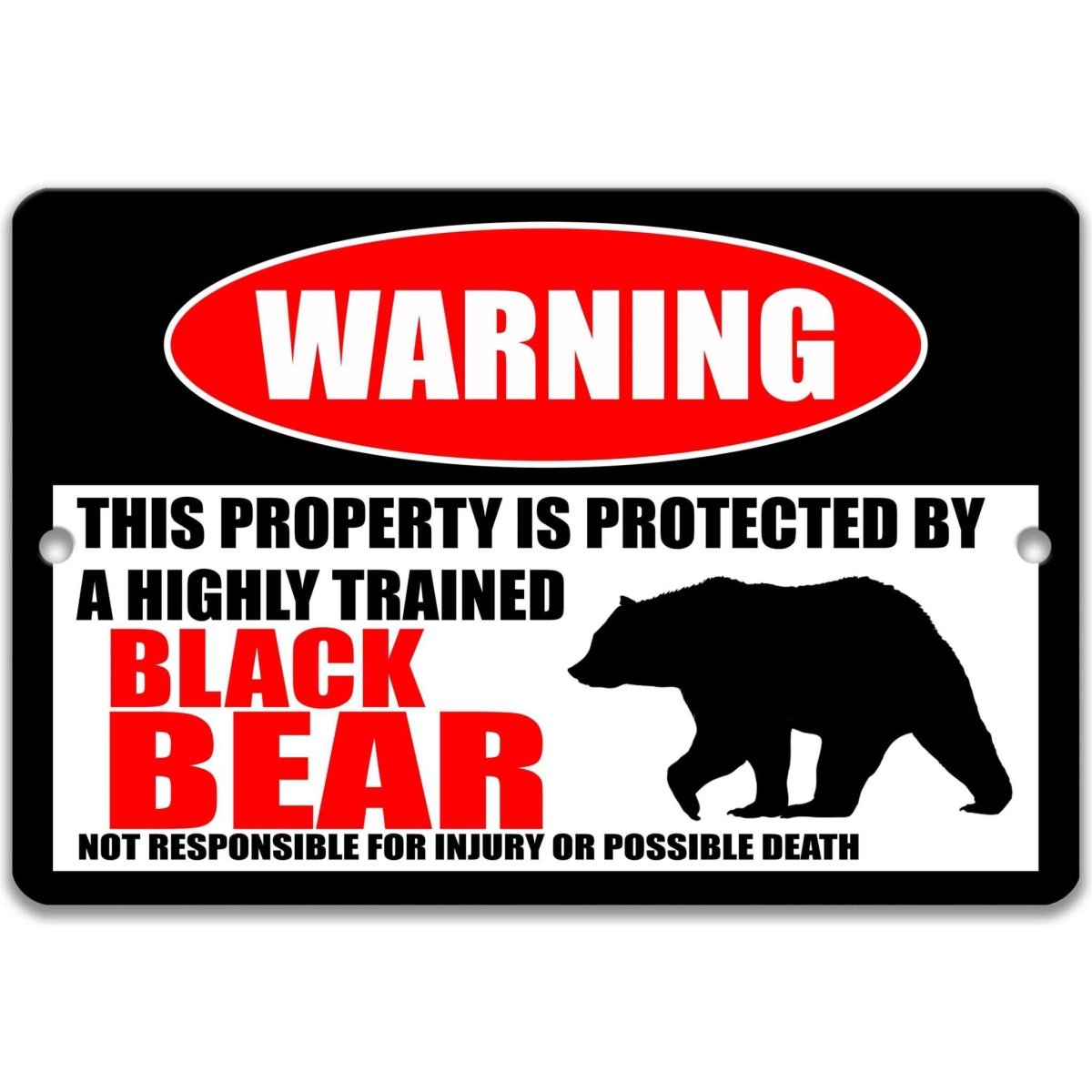 Black bear warning metal sign, glossy black, red WARNING oval and black bear silhouette