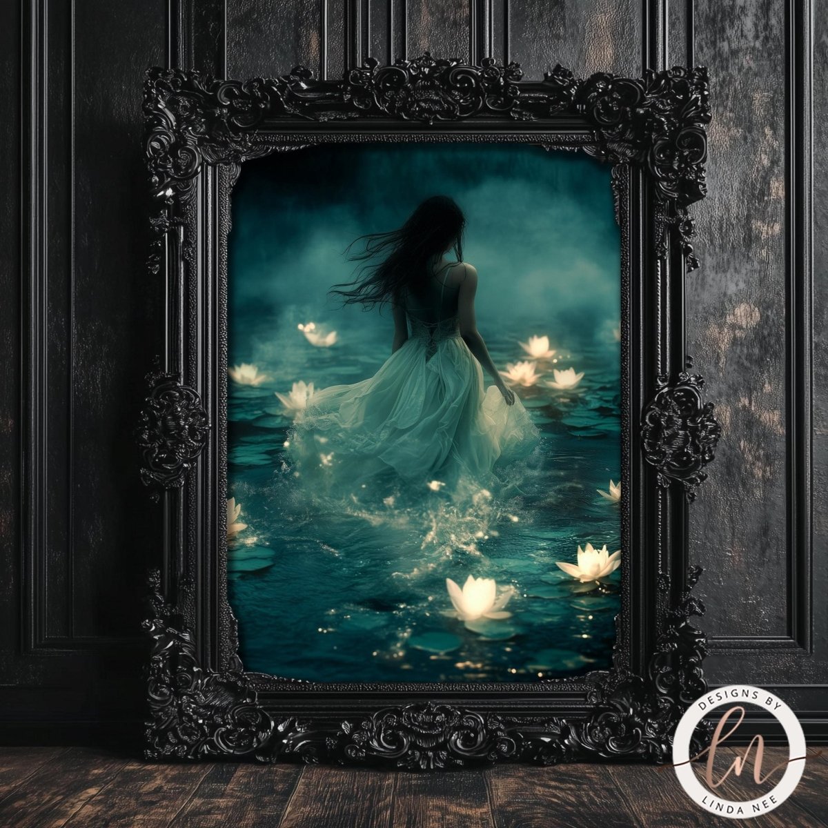 Lotus flower art print displayed in a dark ornate frame