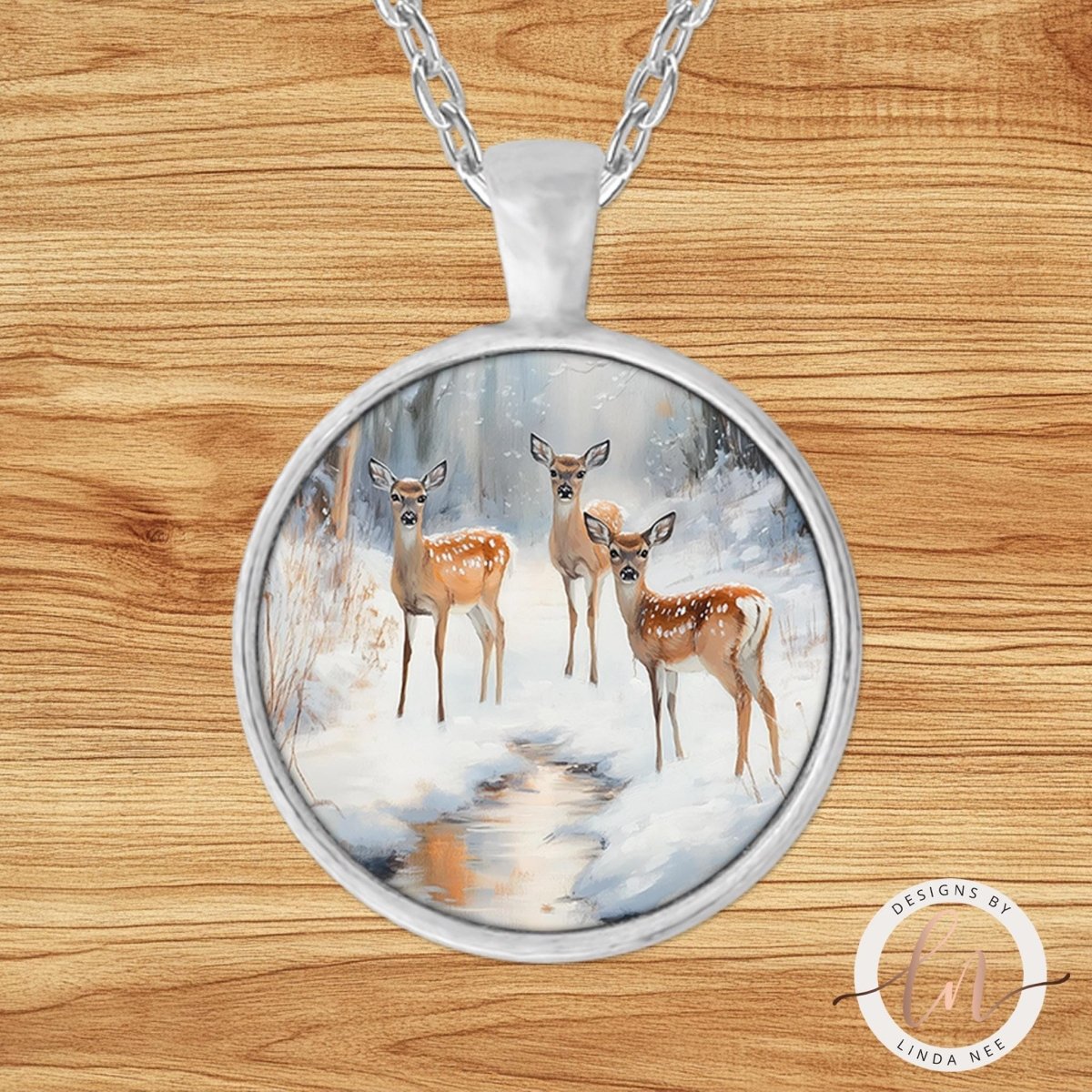 Three Fawns Winter Stream Pendant Necklace