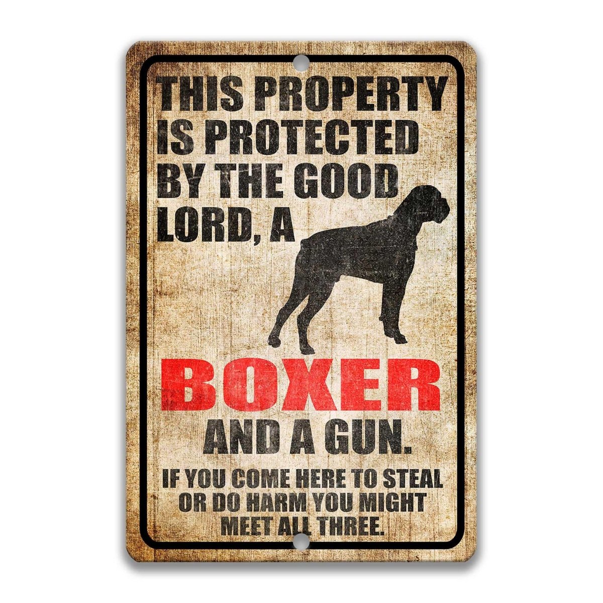 Boxer Dog Gun Owner Warning Metal Sign
