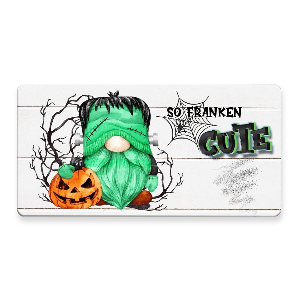 So Franken Cute 6x12 metal wreath sign with a Frankenstein gnome and jack o lantern