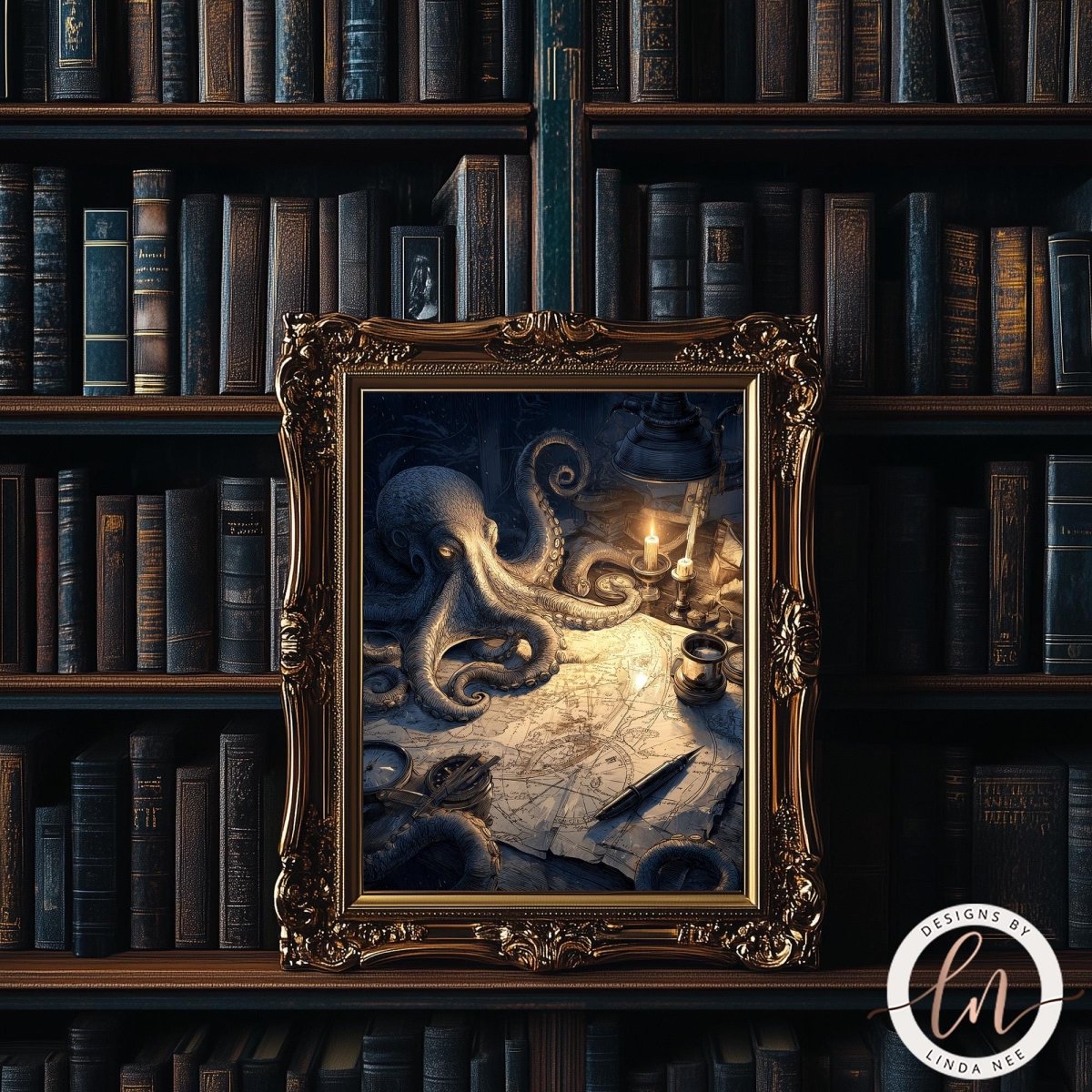 an ornate gold frame containing a painting of an octopus in a dimly lit room, surrounded by bookshelves filled with books.