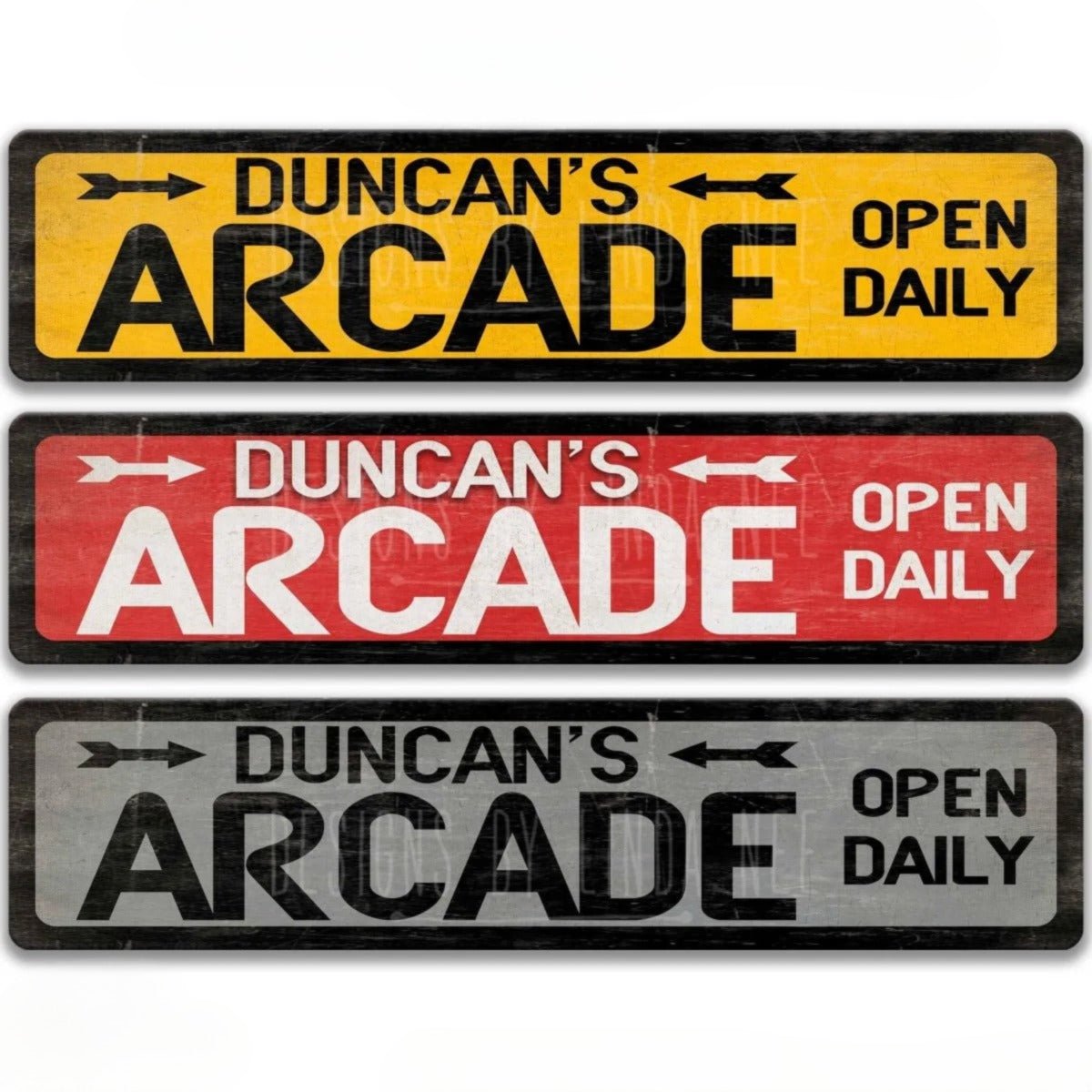 three rectangular signs with the same design, advertising "Duncan's Arcade" with arrows pointing to the word "Duncan's" and the word "ARCADE" repeated. The signs are described as "4 x 18" and "UV Protective Coating" and are made of "Aluminum".