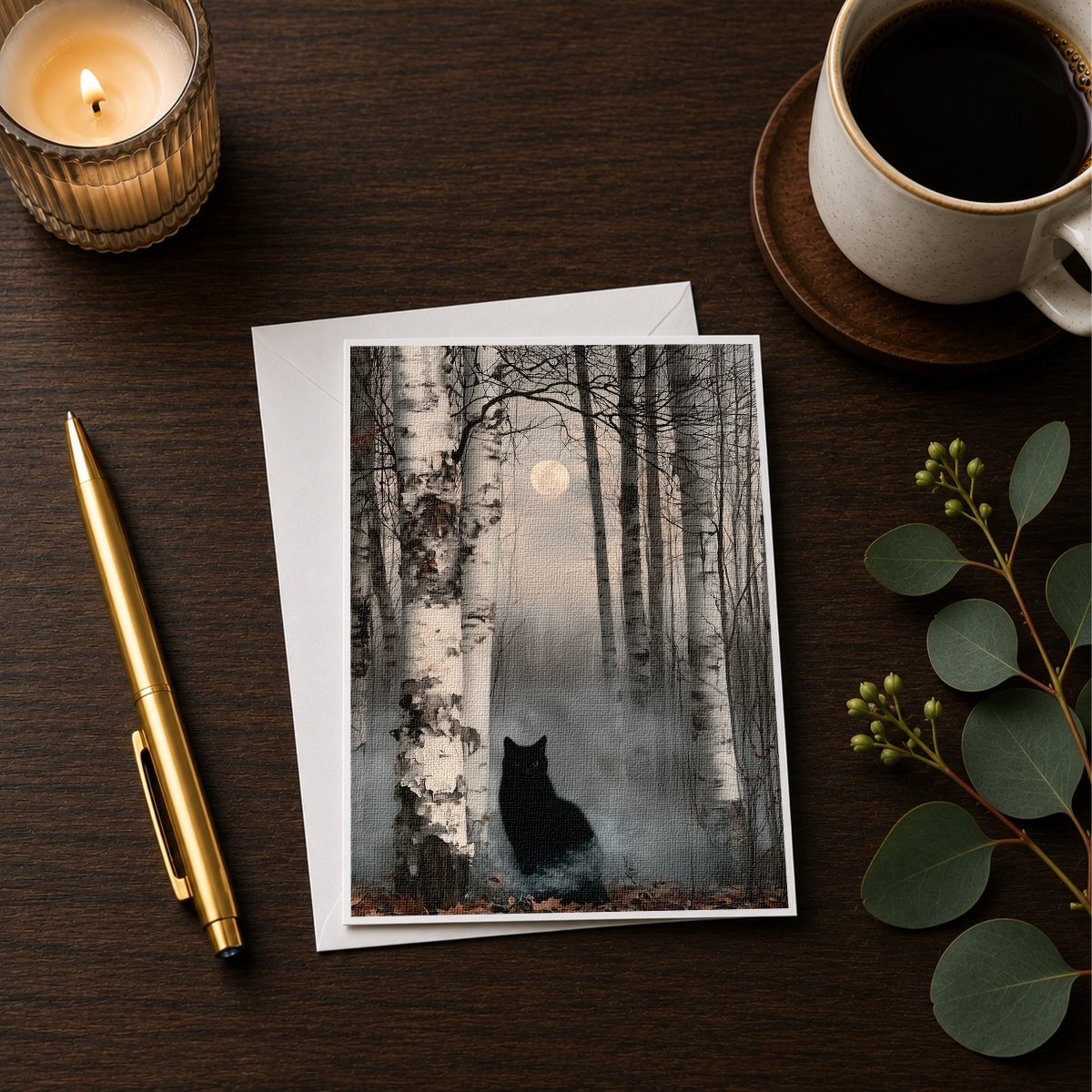 Black cat birch forest note card styled with a candle, pen, and coffee cup on a wooden desk