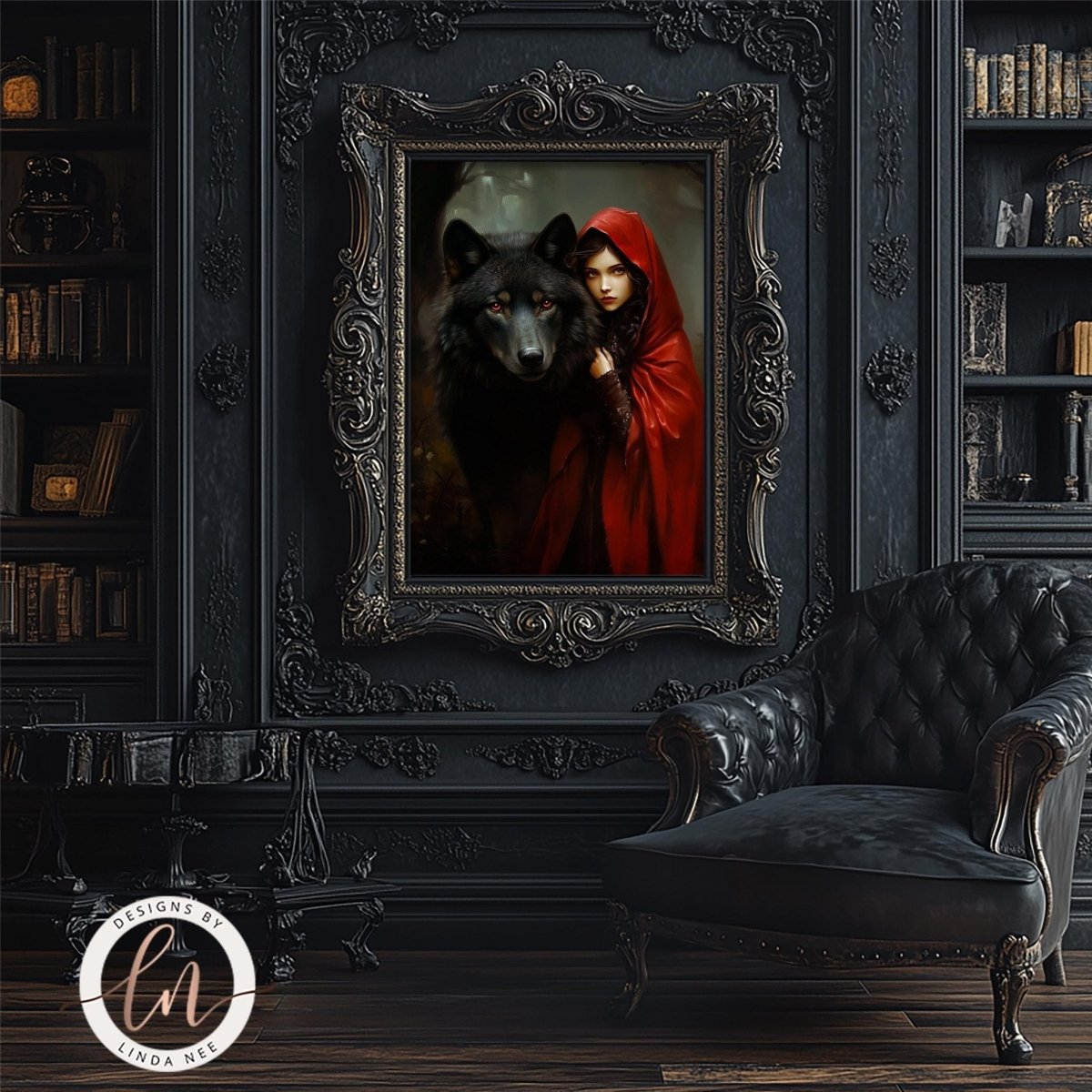 Red hood close wolf portrait displayed in a room with a leather chair
