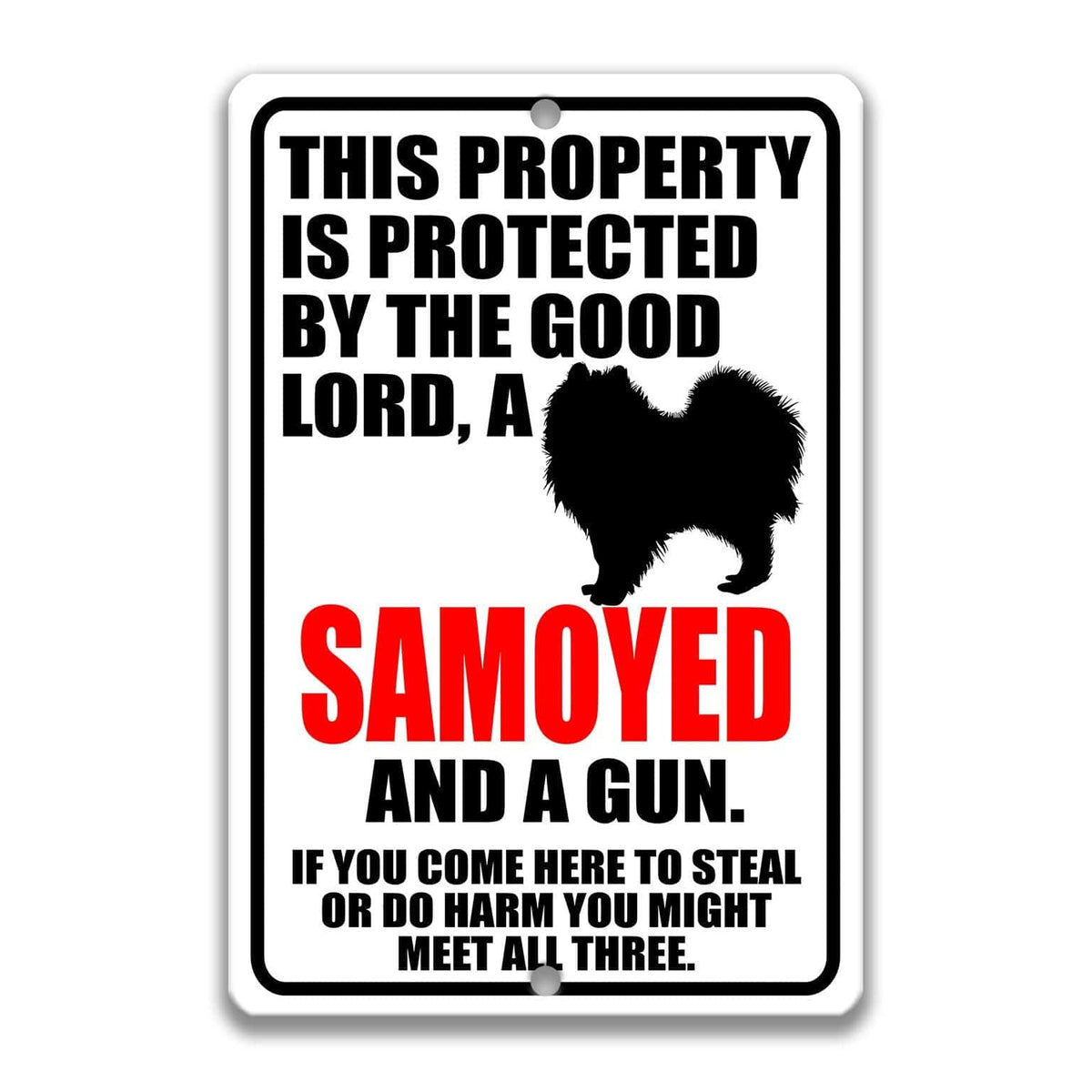 a sign with a warning message about a property being protected by a good Lord and a gun.