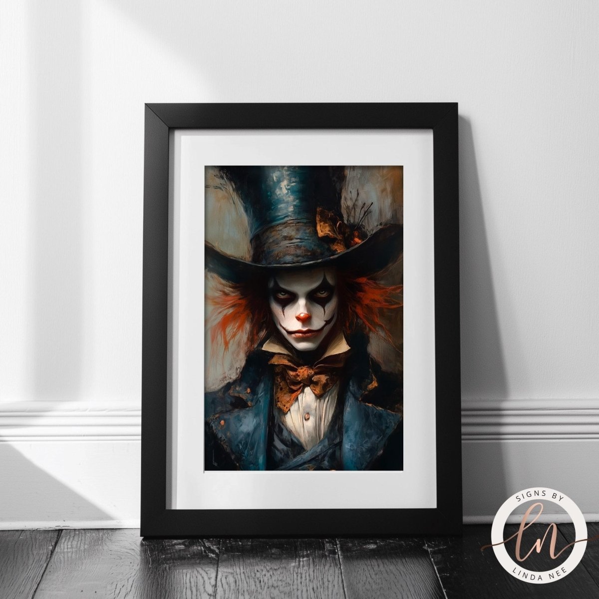 Gothic Mad Hatter portrait art print shown against a white wall