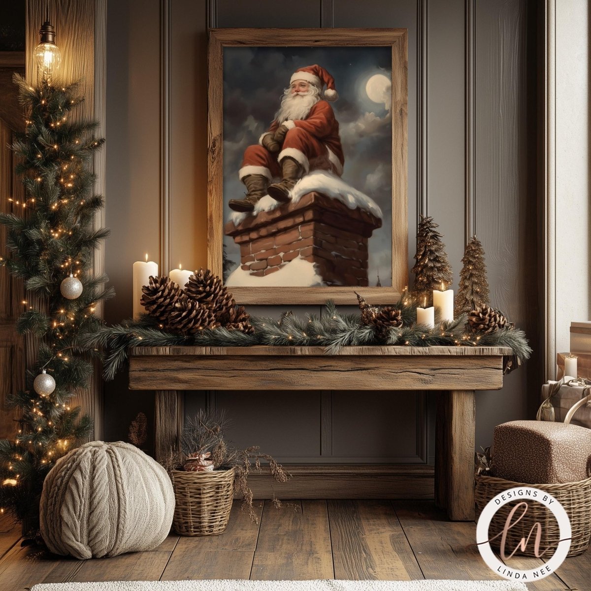 Santa on a chimney artwork styled with pine cones, garland and lit candles