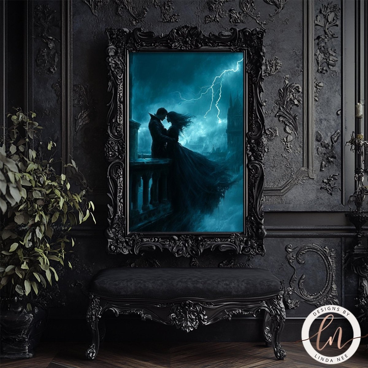 Couple embracing under lightning displayed in an ornate black frame