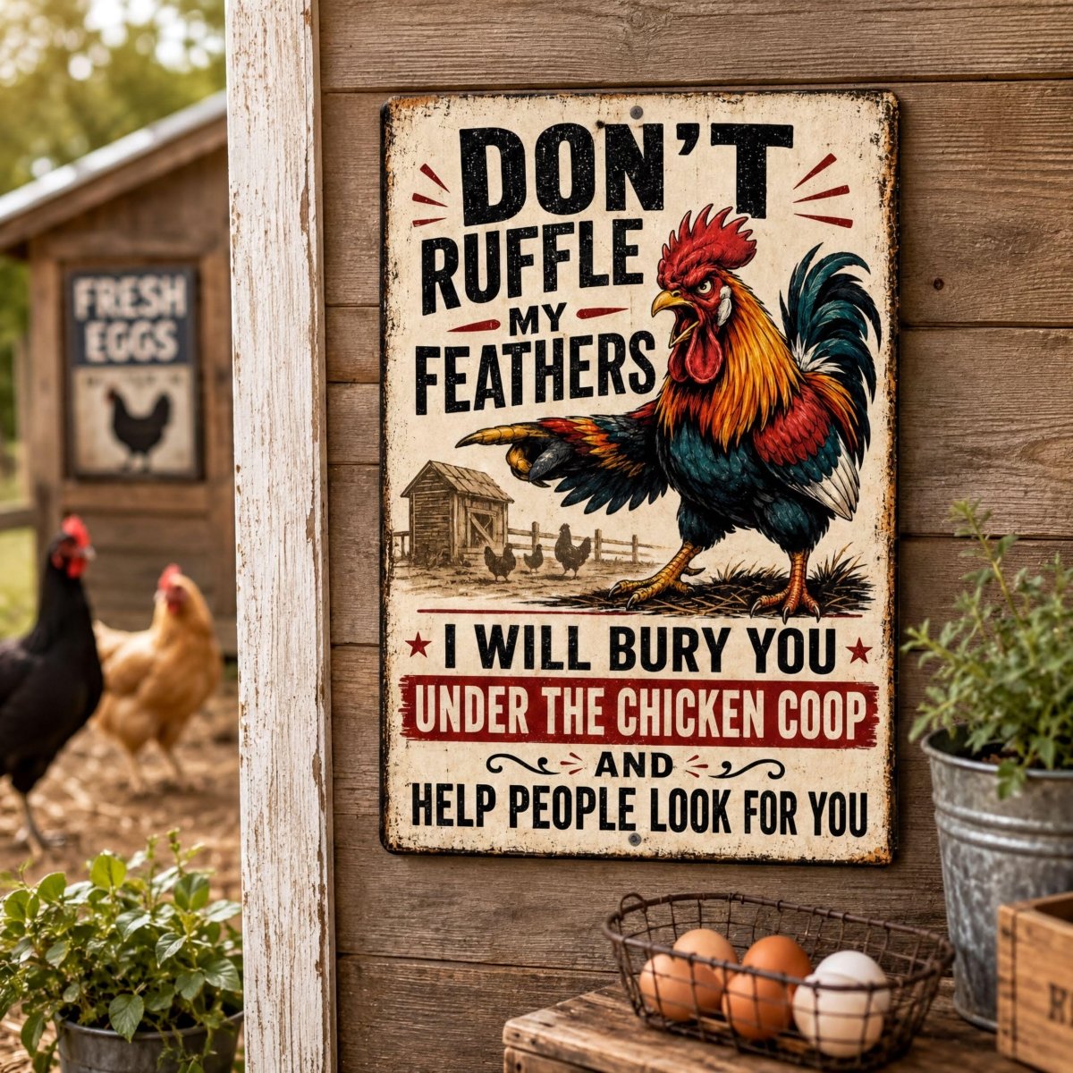 a sign with a rooster and a barn in the background, along with a humorous message about chickens.