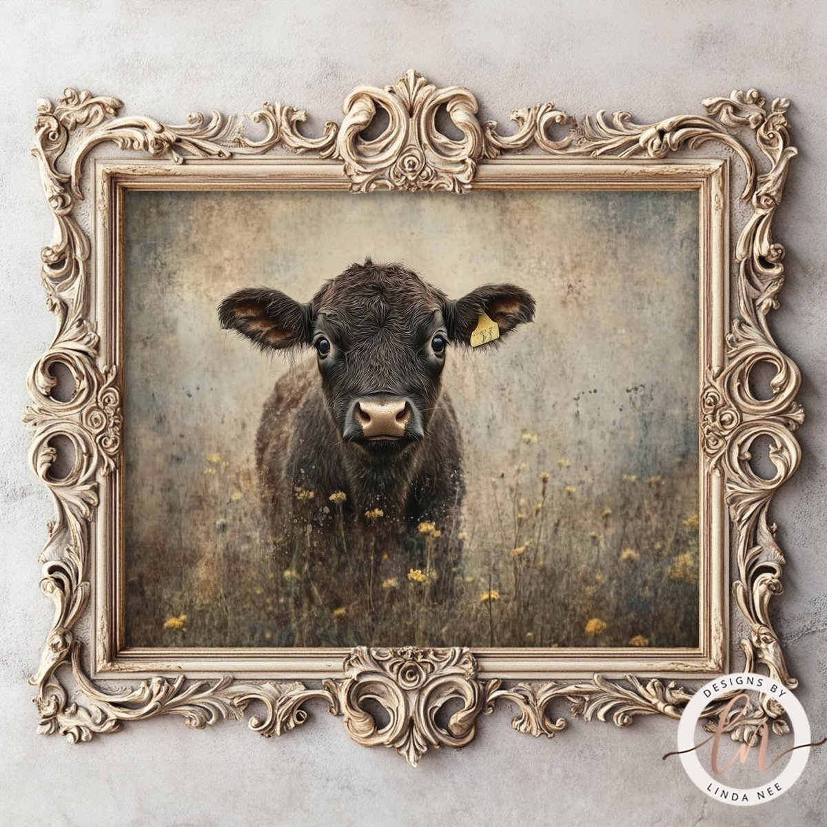 A framed painting of a cow in a field of flowers, with an ornate, decorative frame surrounding the artwork.