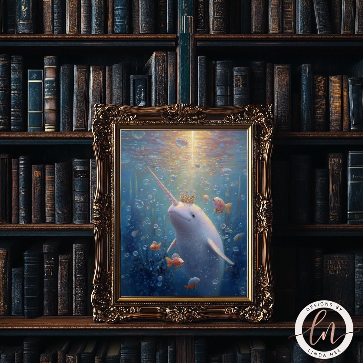 a framed painting of a unicorn swimming underwater, surrounded by bubbles and fish.