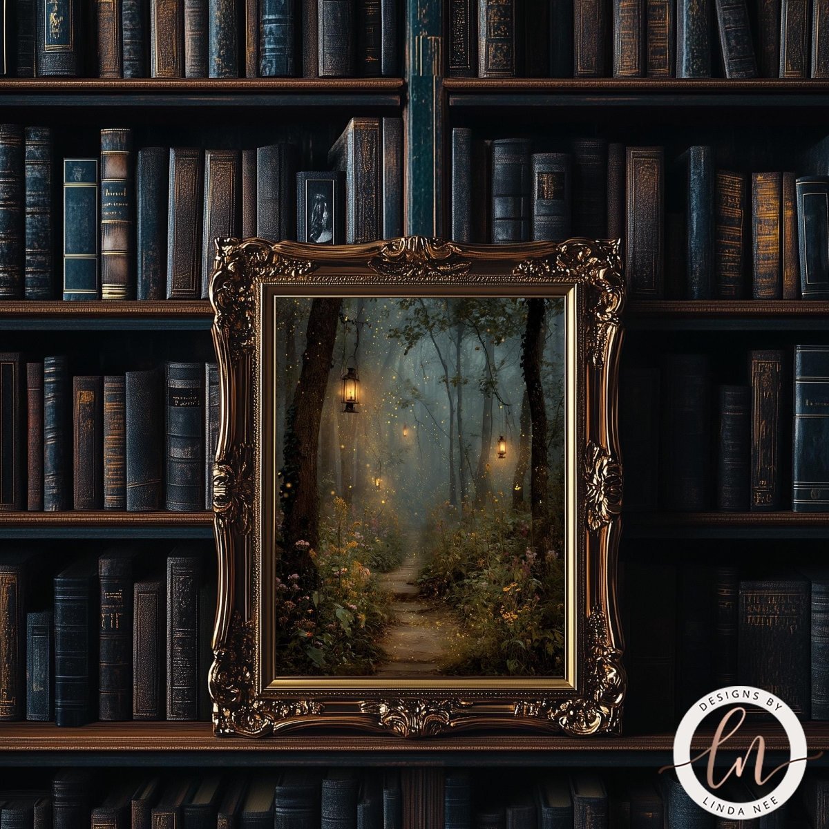 a painting of a forest scene with a path leading through the trees, surrounded by a lush, verdant landscape. The painting is displayed in an ornate gold frame, which is set against a backdrop of a bookshelf filled with books.