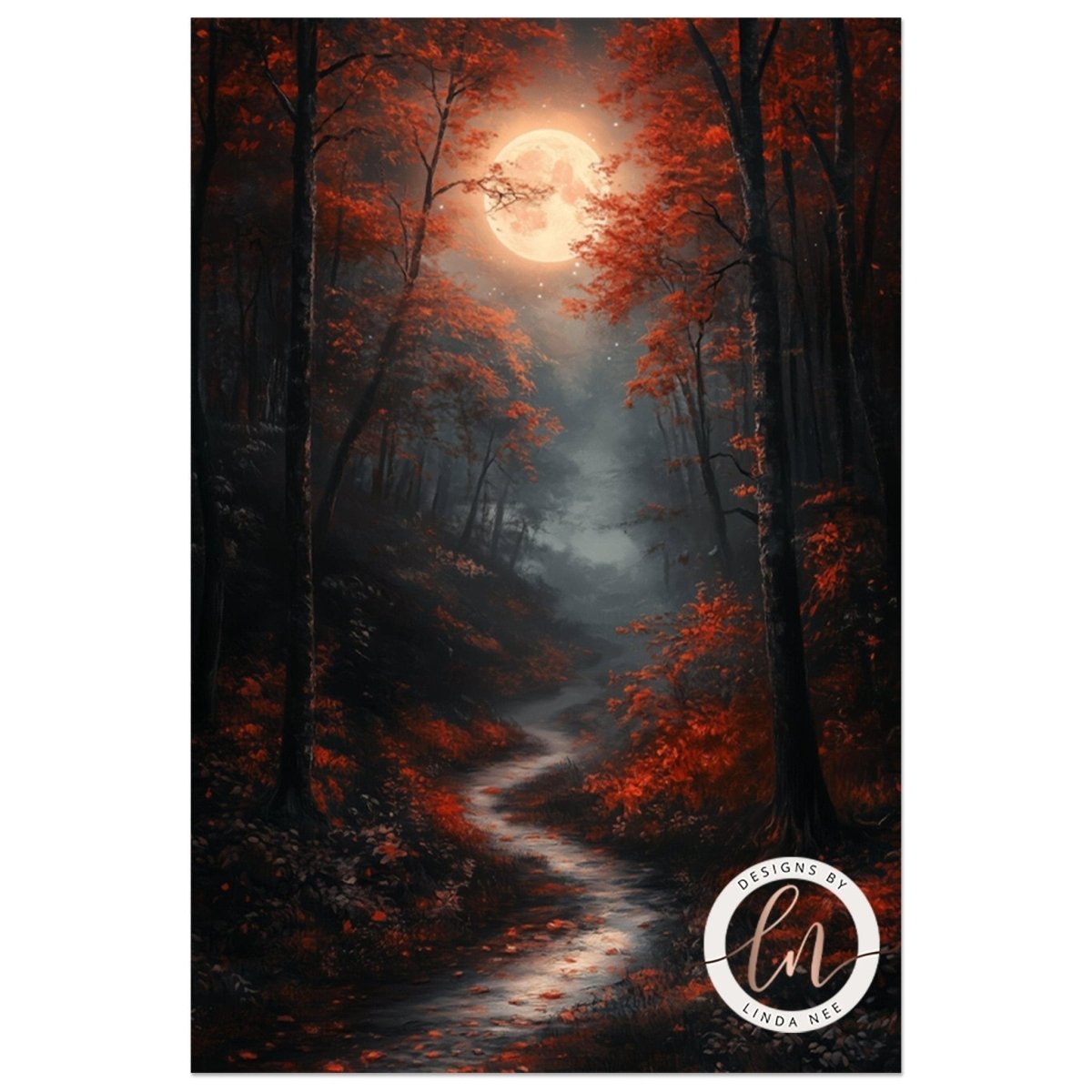 Autumn forest path illuminated by a full moon with ethereal glow