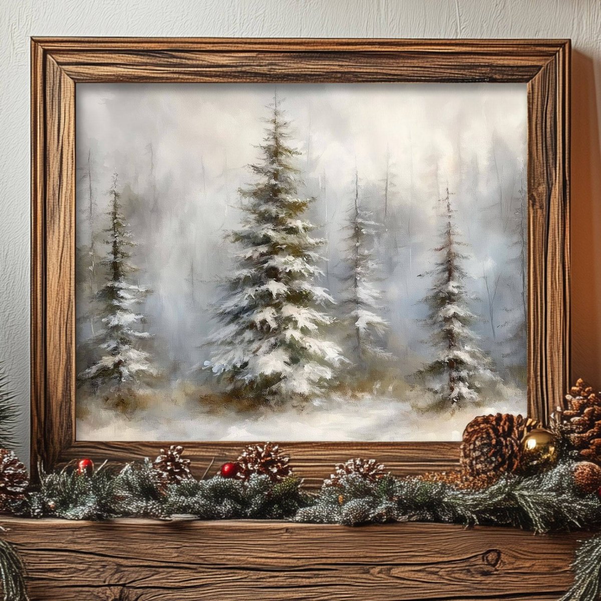 Snowy pine forest art print styled on a shelf with pine cones and greenery