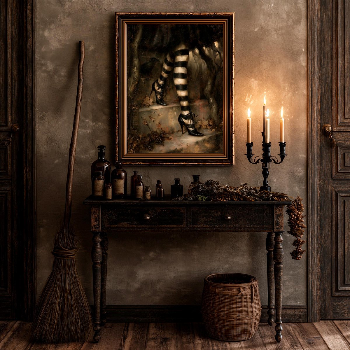 Witch legs artwork above a table of lit candles, bottles, and apothecary jars