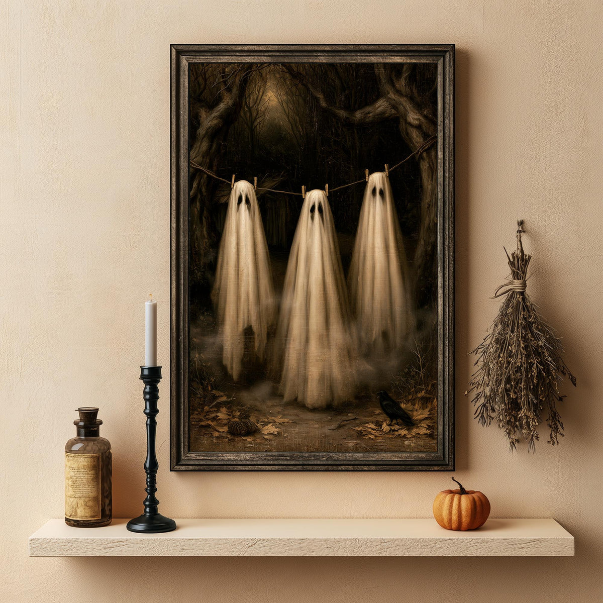 Dark cottagecore styling with the three ghosts print, a pillar candle, and a gourd
