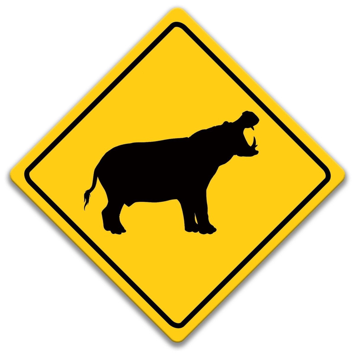 A yellow diamond-shaped road sign with a black silhouette of a hippopotamus.