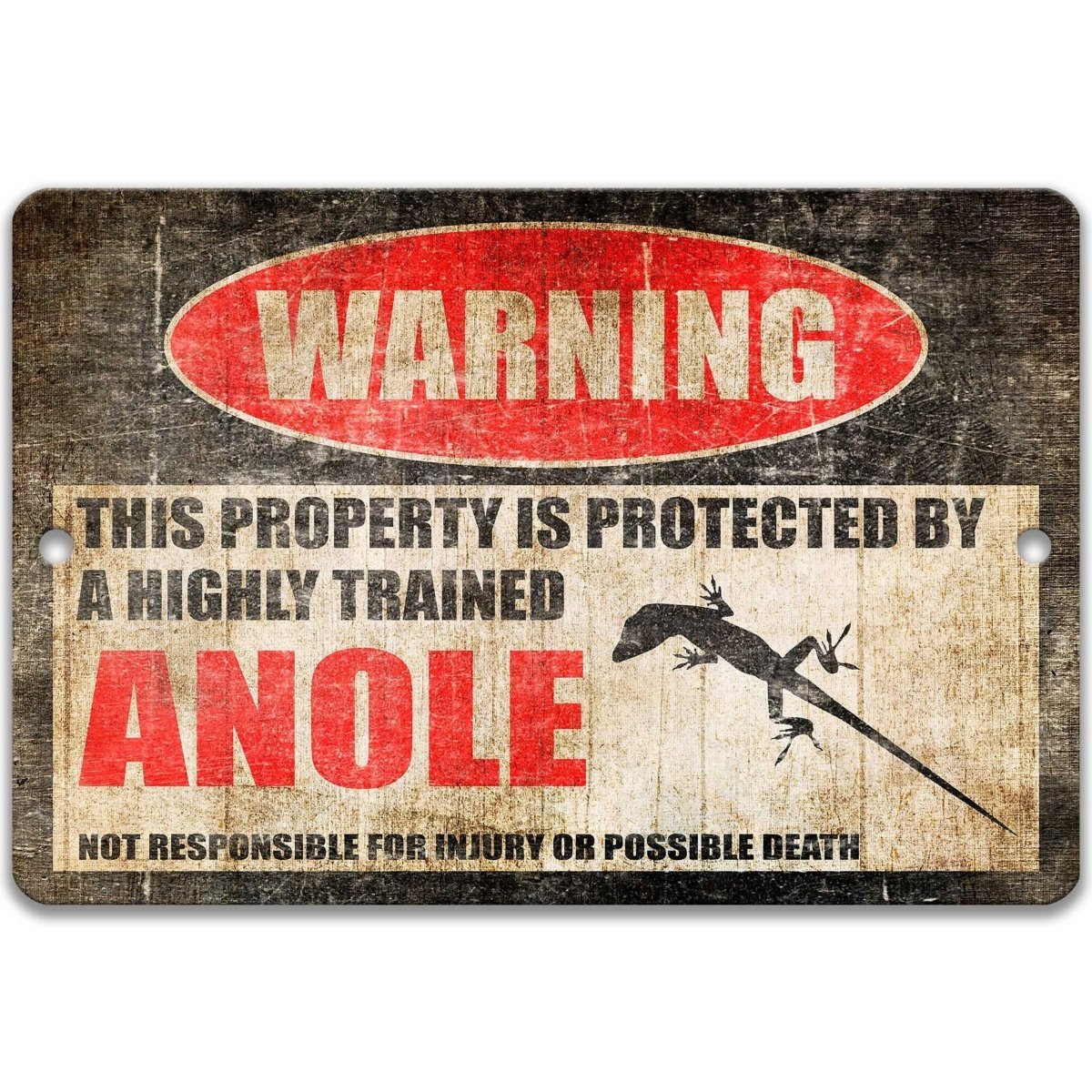 Anole Lizard warning sign, red WARNING oval, this property is protected by a highly trained Anole Lizard, with anole lizard silhouette
