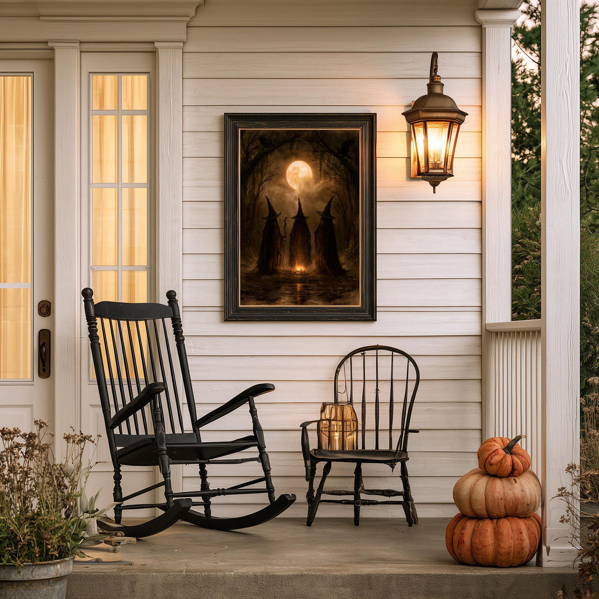 Covered porch with stacked pumpkins, a rocking chair, and the witches print above
