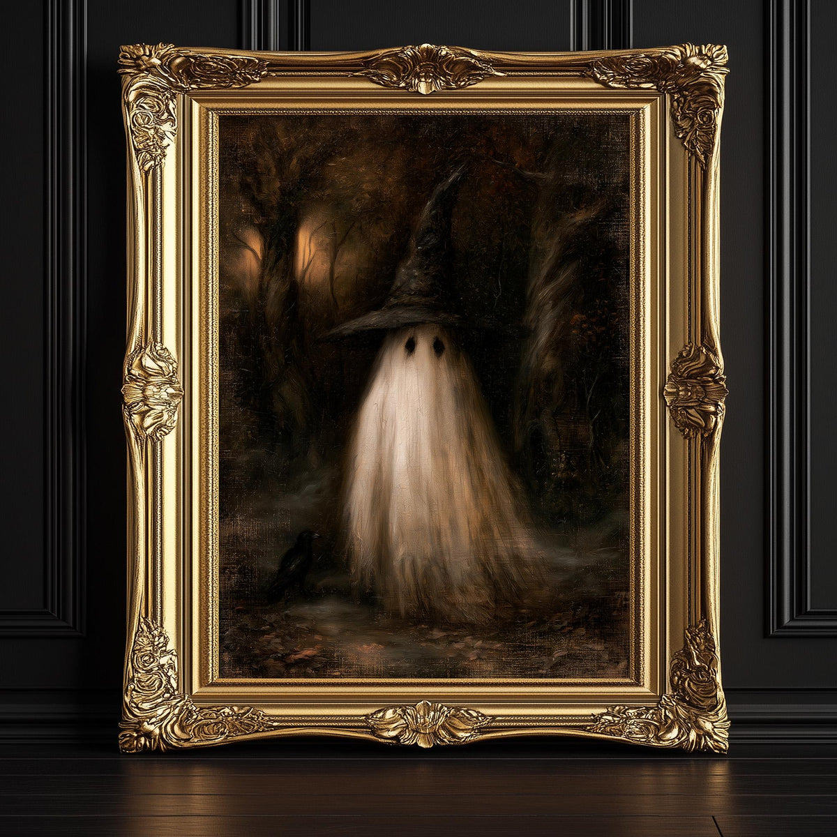 Vintage Halloween artwork of a ghost in a pointed hat standing among bare trees