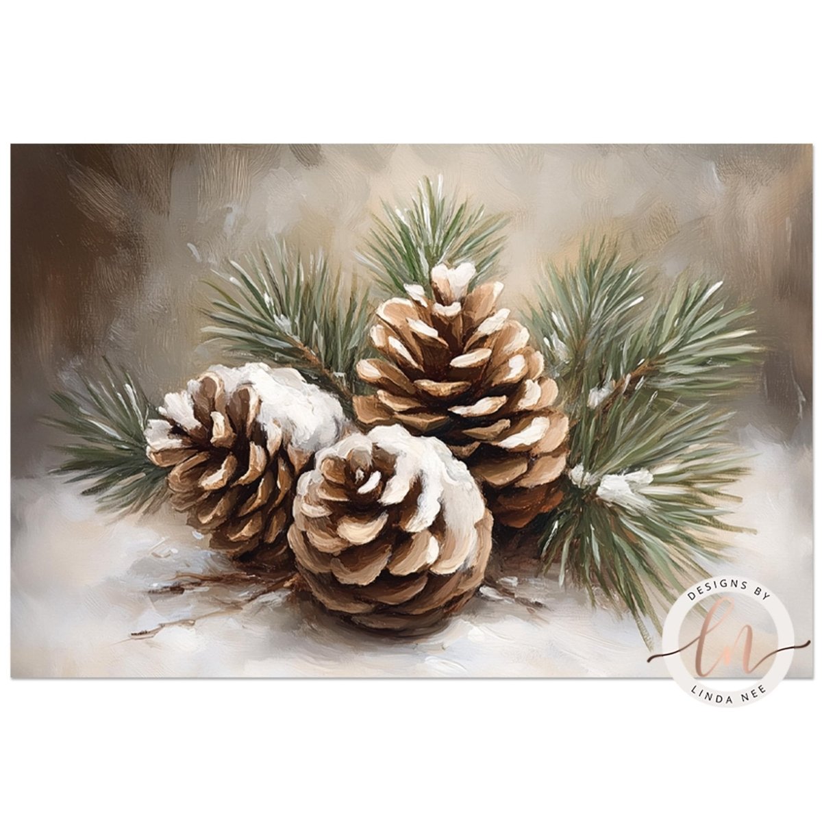 Snow dusted pine cones and evergreen needles against a pale winter background