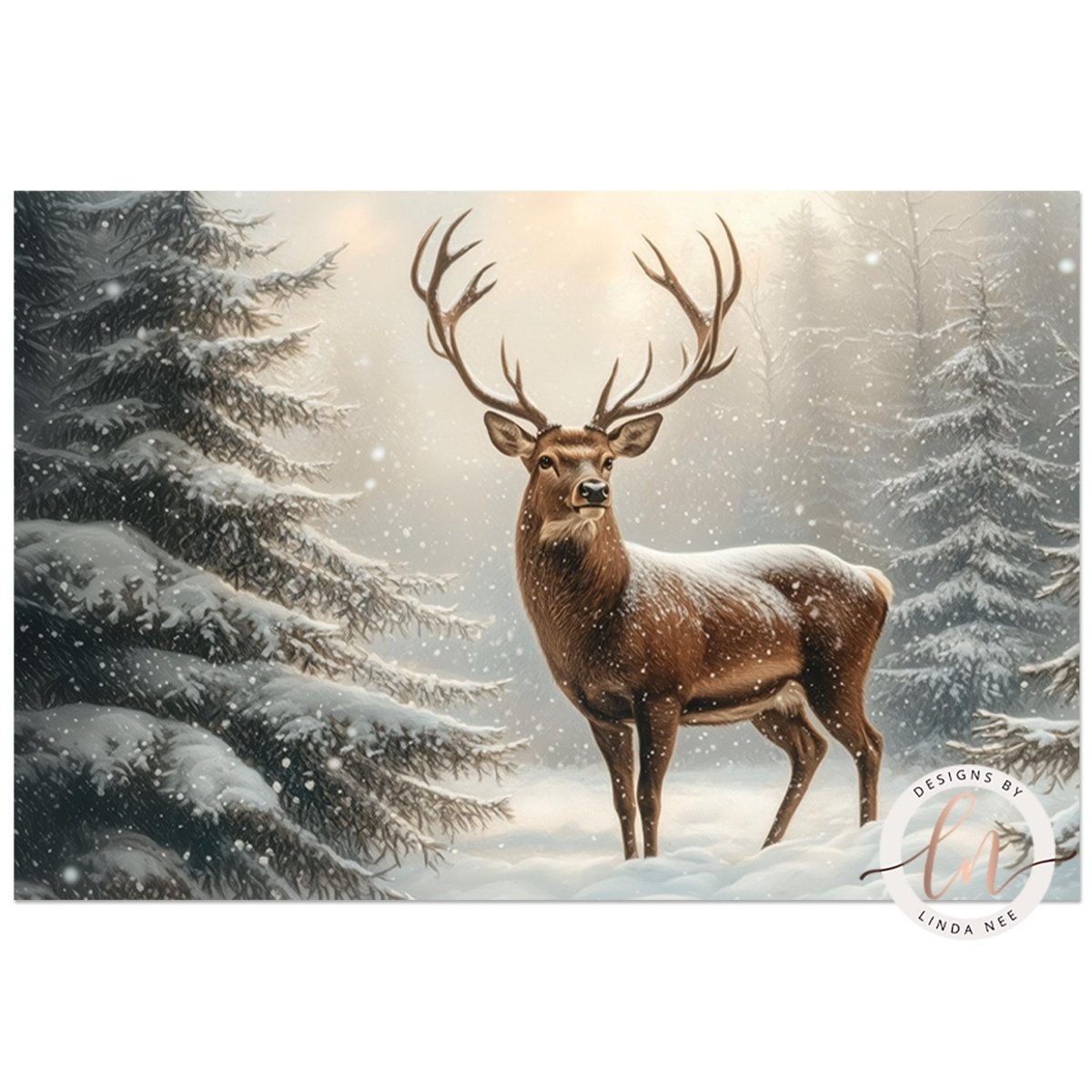 Deer in a snowy forest art print styled with pine cones and holiday decor