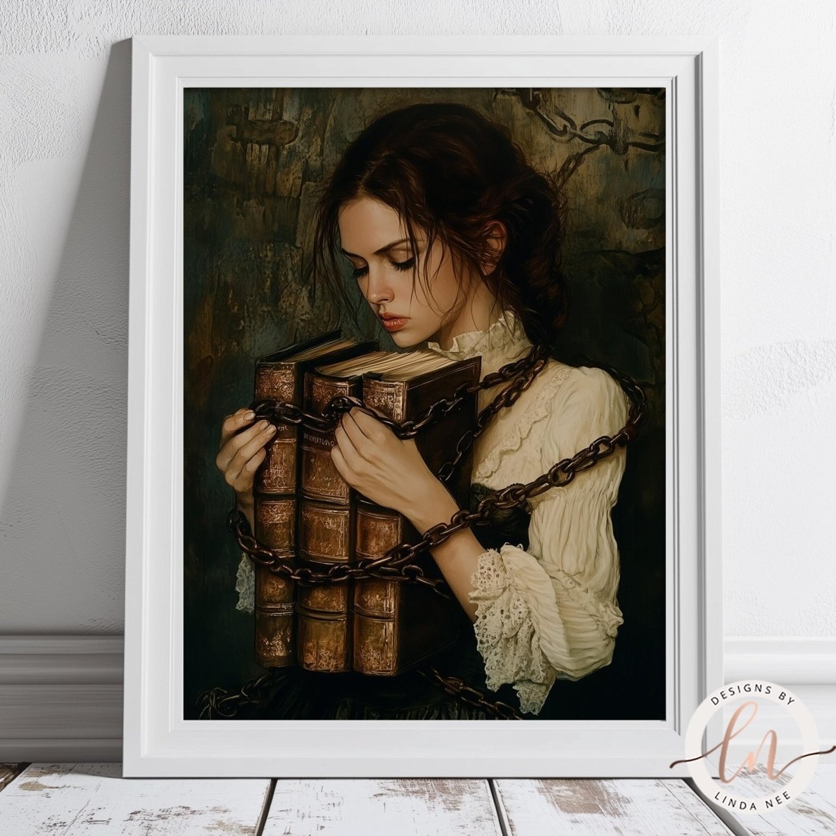 A woman in a white lace dress is holding a stack of old, leather-bound books, chained to a wall, conveying a sense of confinement and restriction.