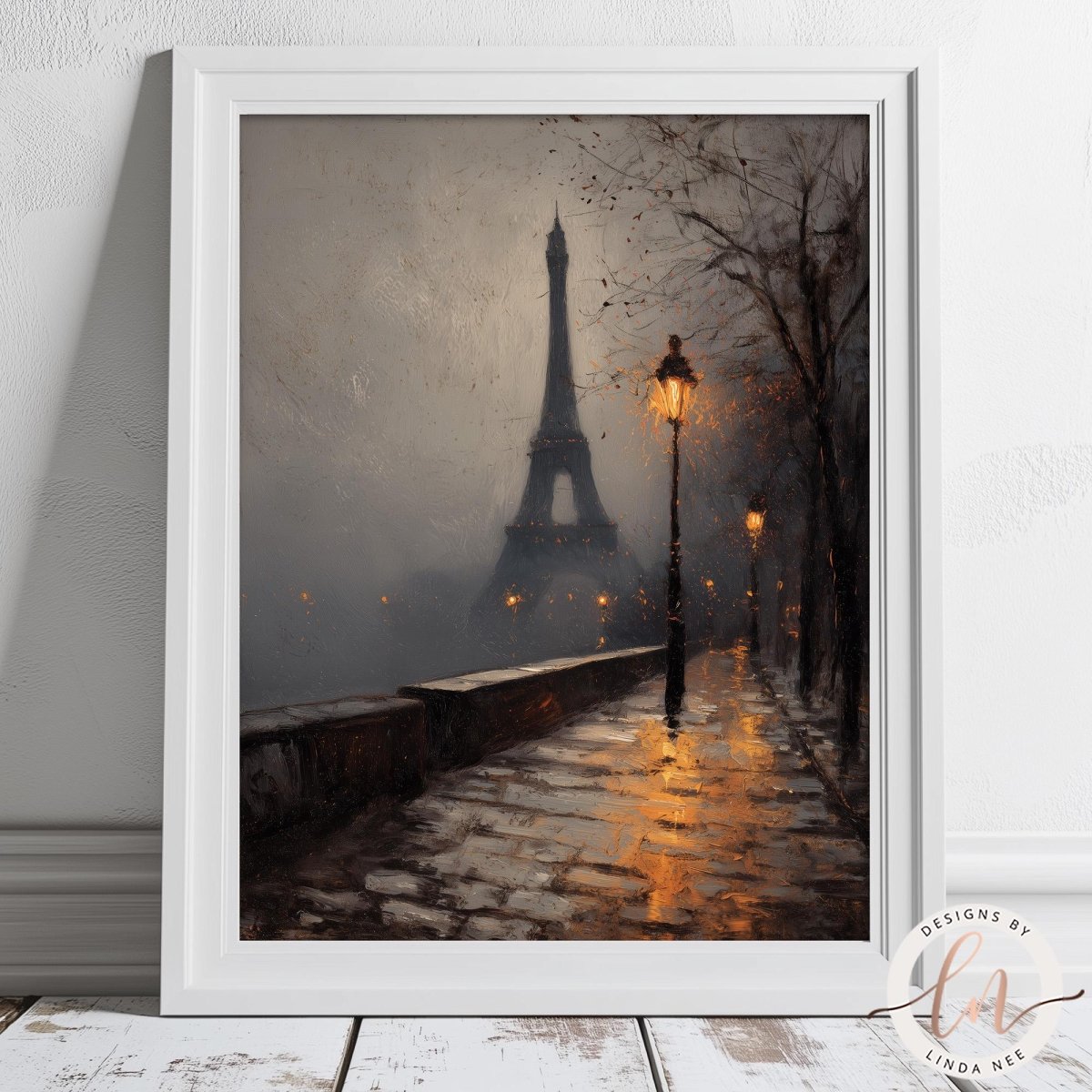 a rainy night scene with the Eiffel Tower in the background, illuminated by a street lamp and surrounded by a foggy atmosphere.