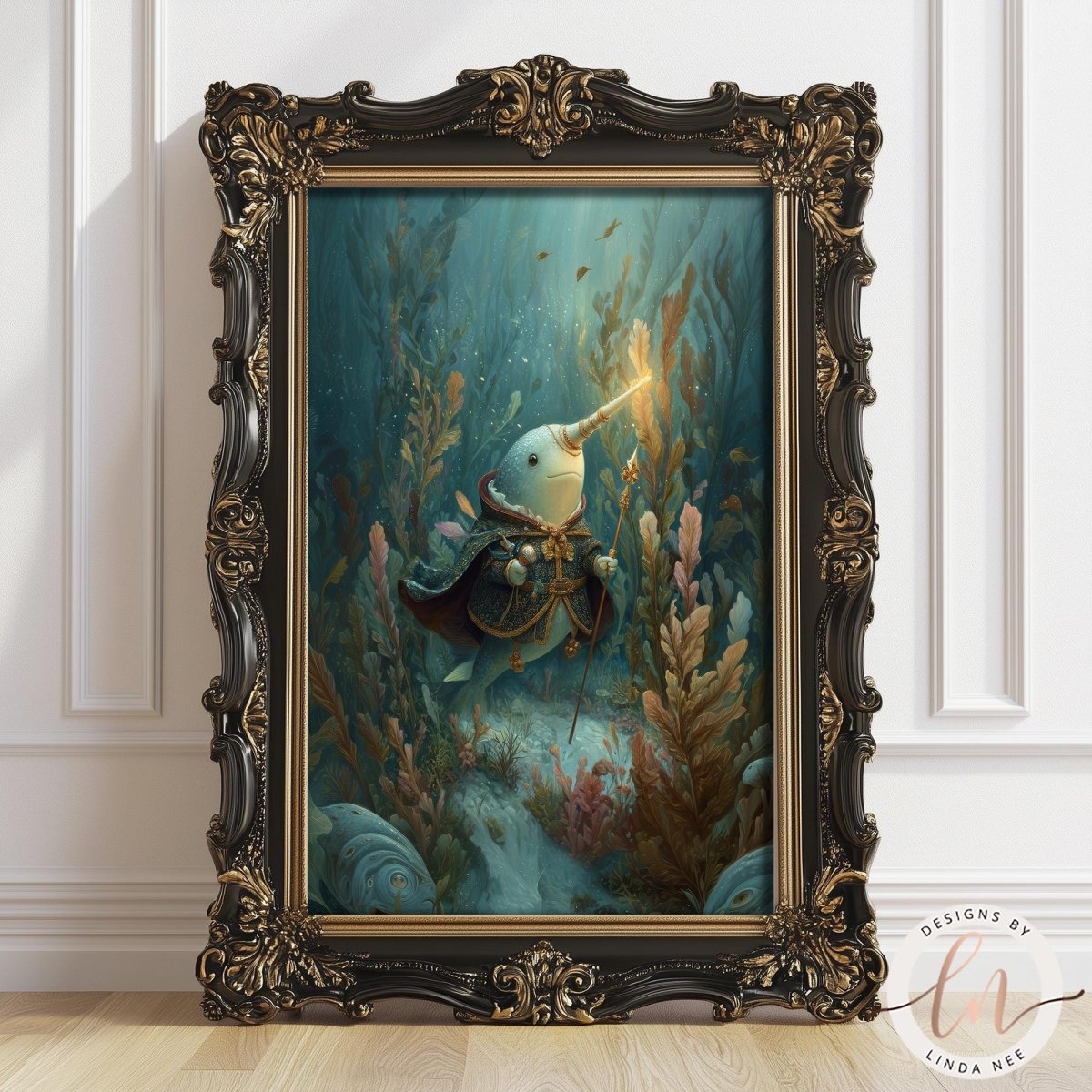 a painting of a fantastical creature with a long, pointed horn, surrounded by a lush underwater scene with vibrant colors and intricate details.