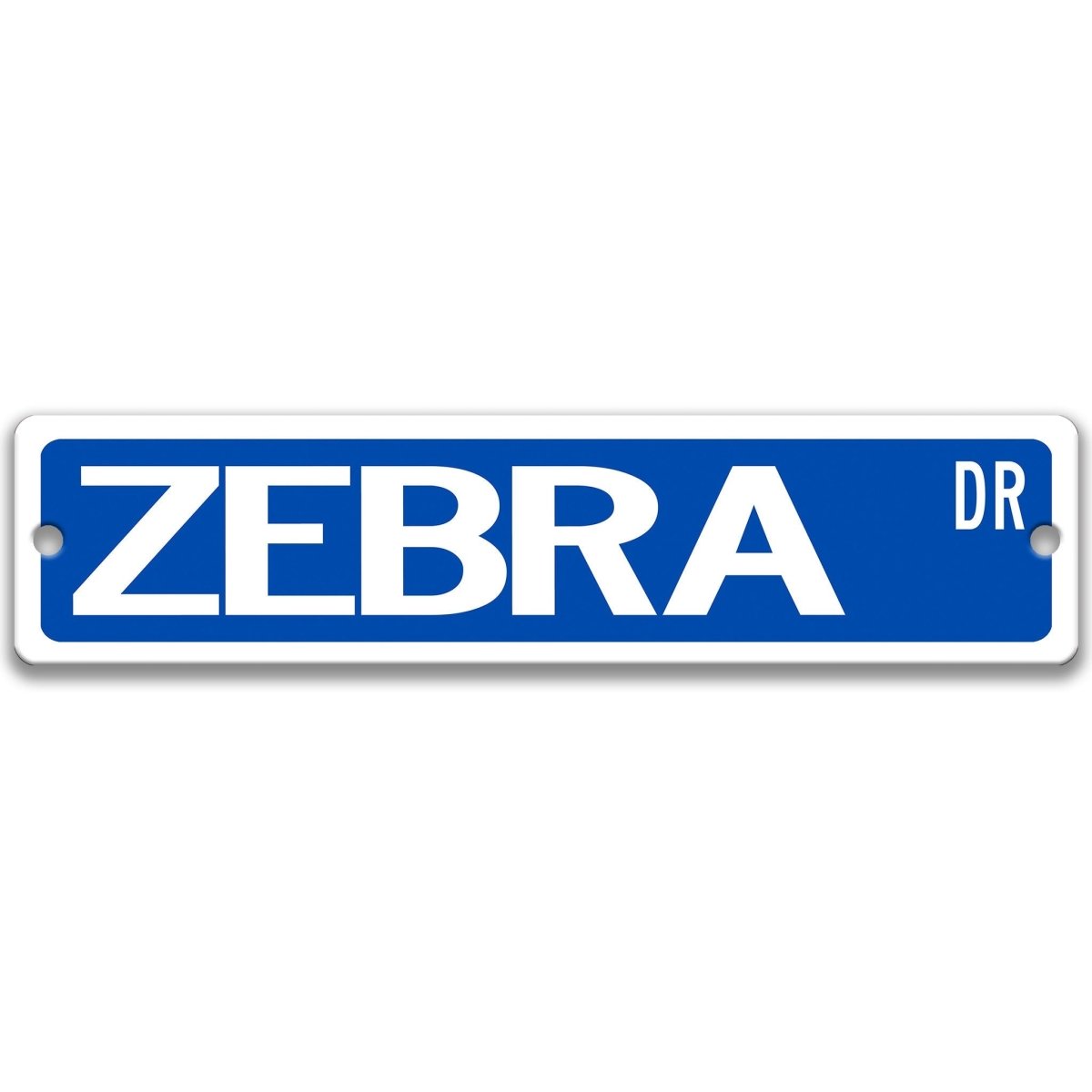 Zebra metal street sign with a blue background reading ZEBRA DR